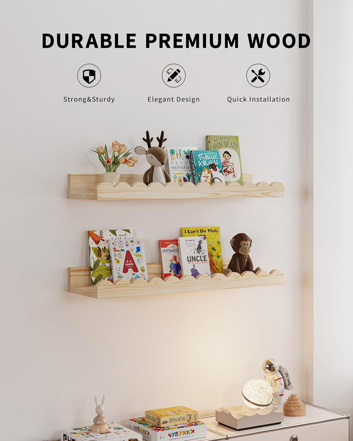 Shario 4-Pack Floating Wood Book Shelves for Kids