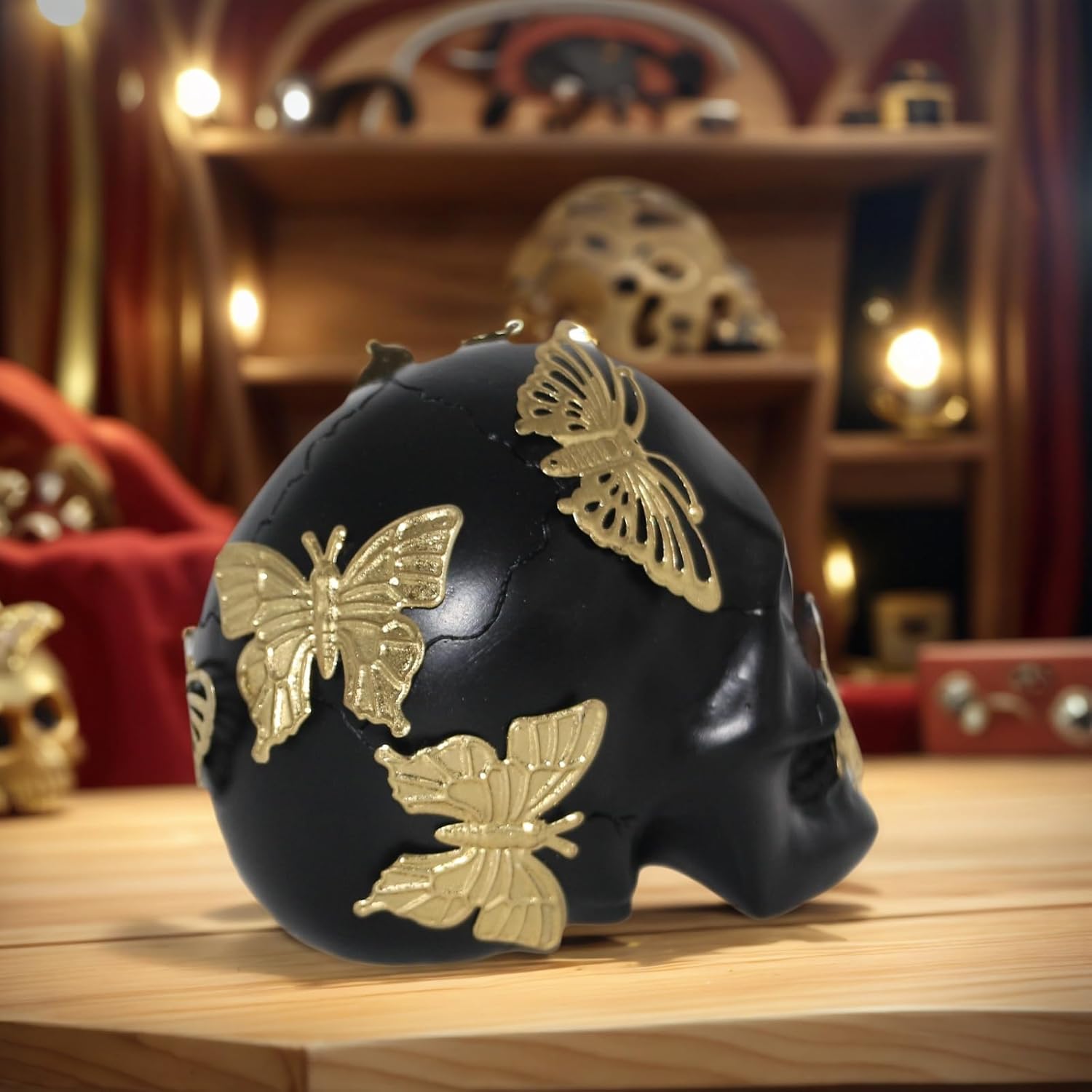 Black Skull Statue with Gold Butterfly Halloween Decor Collectible Figurine