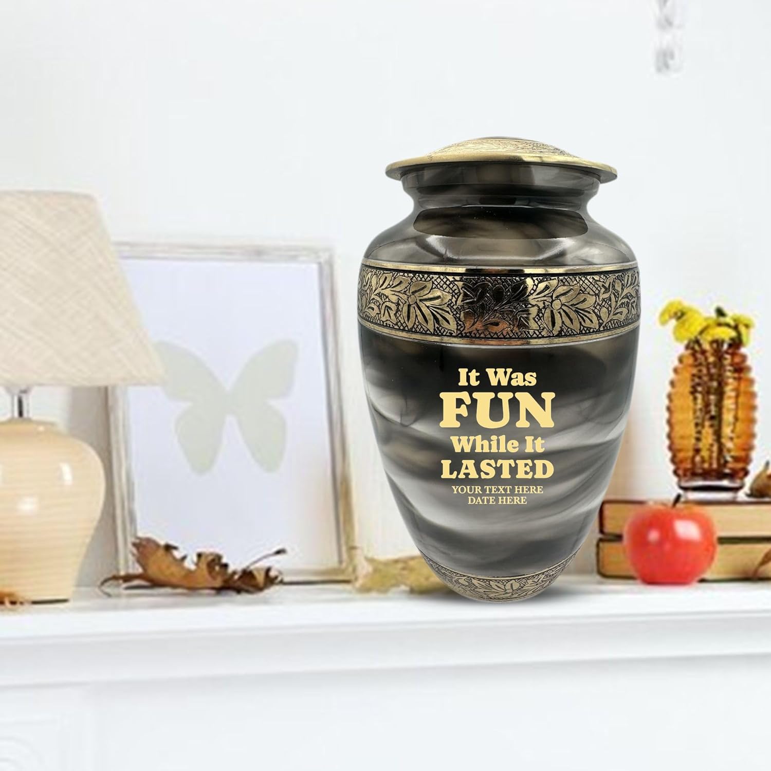 Custom Cremation Urn with Engraved Name and Quotes - Witty Design in Gold Suzesta Series 200 Cuin Capacity