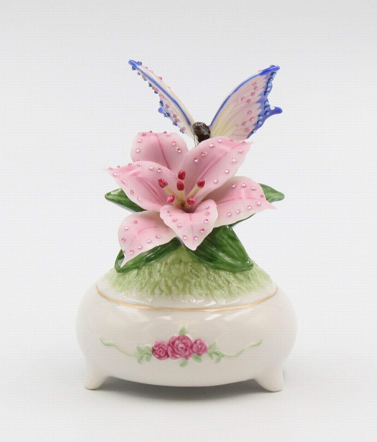 Fine Porcelain Butterfly with Stargazer Lily Musical Box Figurine 5 H