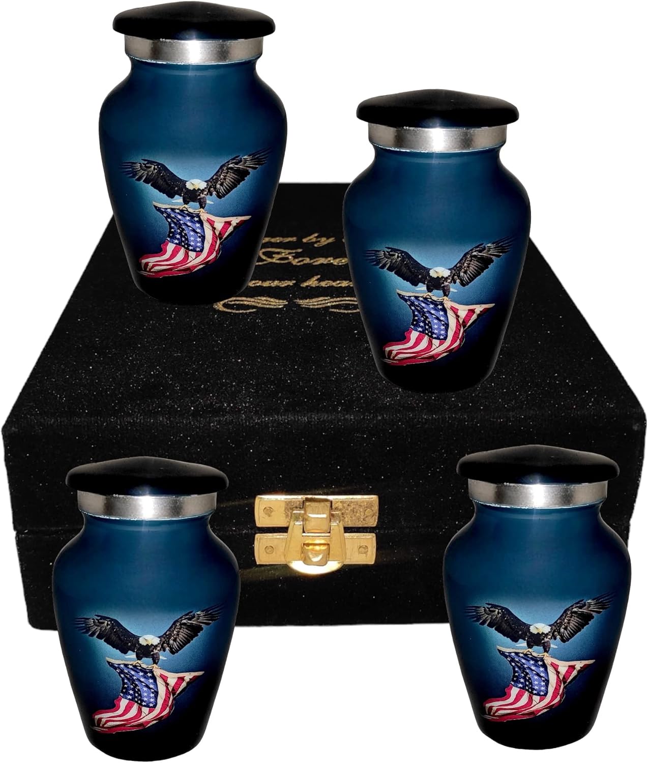 Classic Small Mini Cremation Urns Set of 4 with Box and Velvet Box US Flag Design