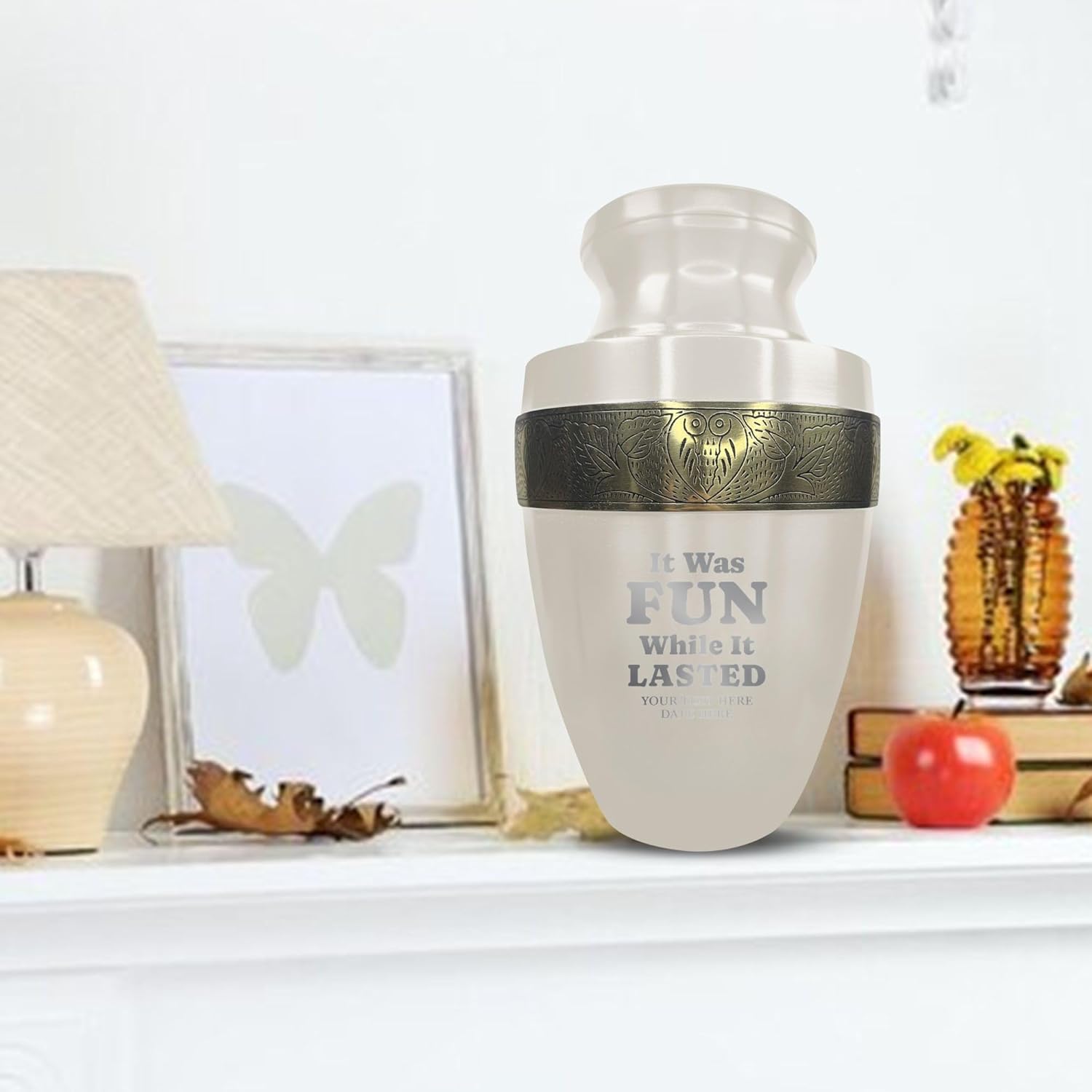 Custom Adult Cremation Urn with Personalized Engraving Elite Dark Humor Series 200 Lbs Capacity White with Gold Rim