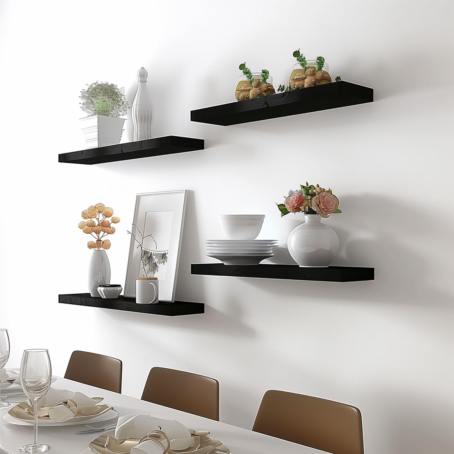 Black Wood Floating Shelves Set of 4 for Wall Rustic Bedroom Living Room