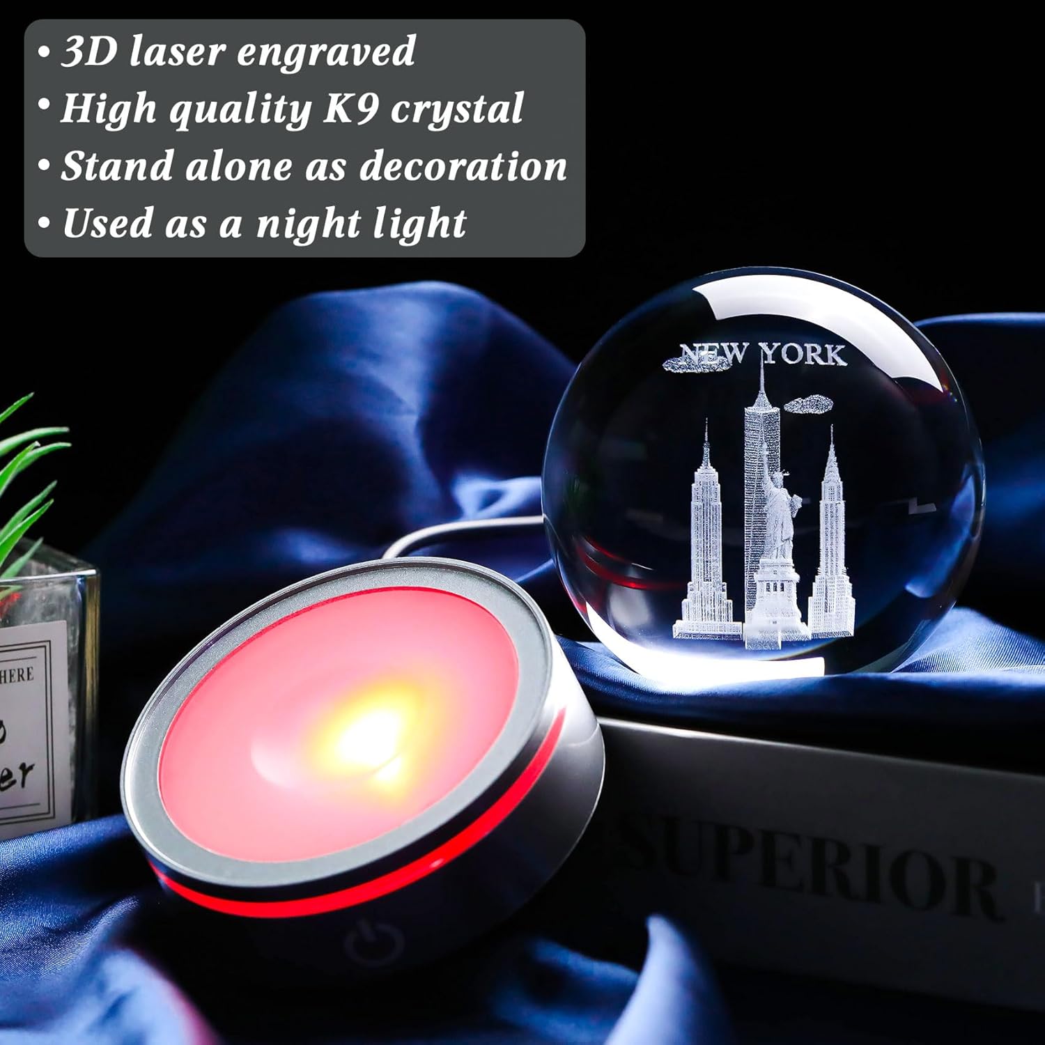Movdyka 3D Crystal Ball Statue of Liberty Night Light Decor