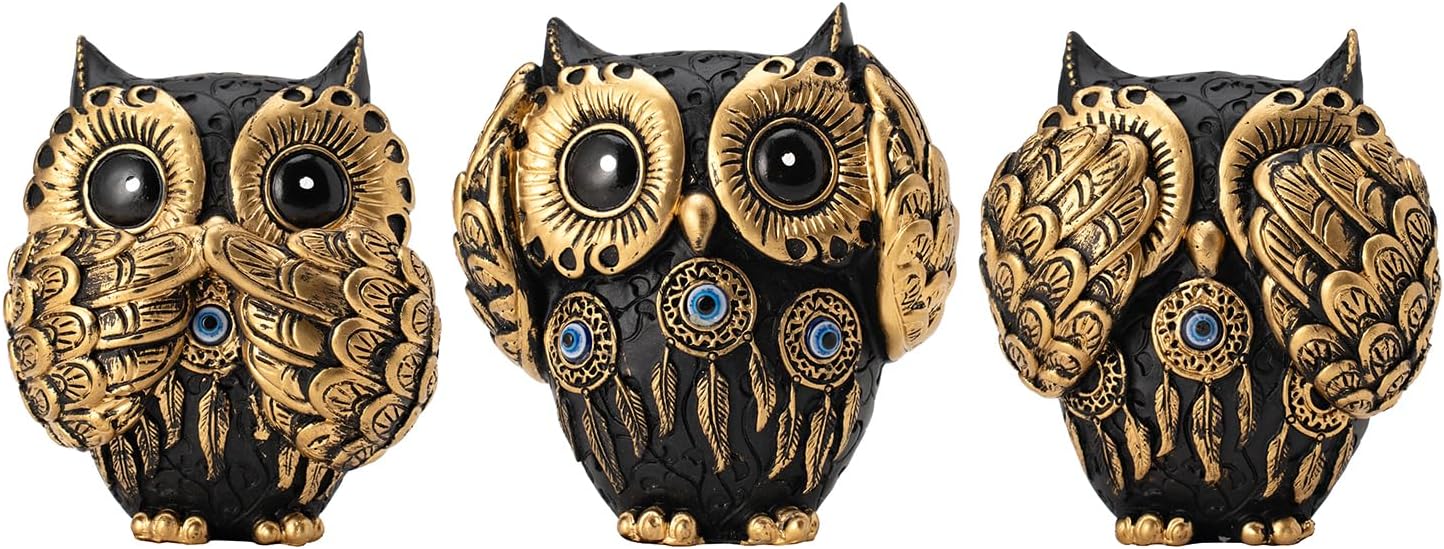 Set of 3 See No Evil Owl Figurines Vintage Black and Gold Design