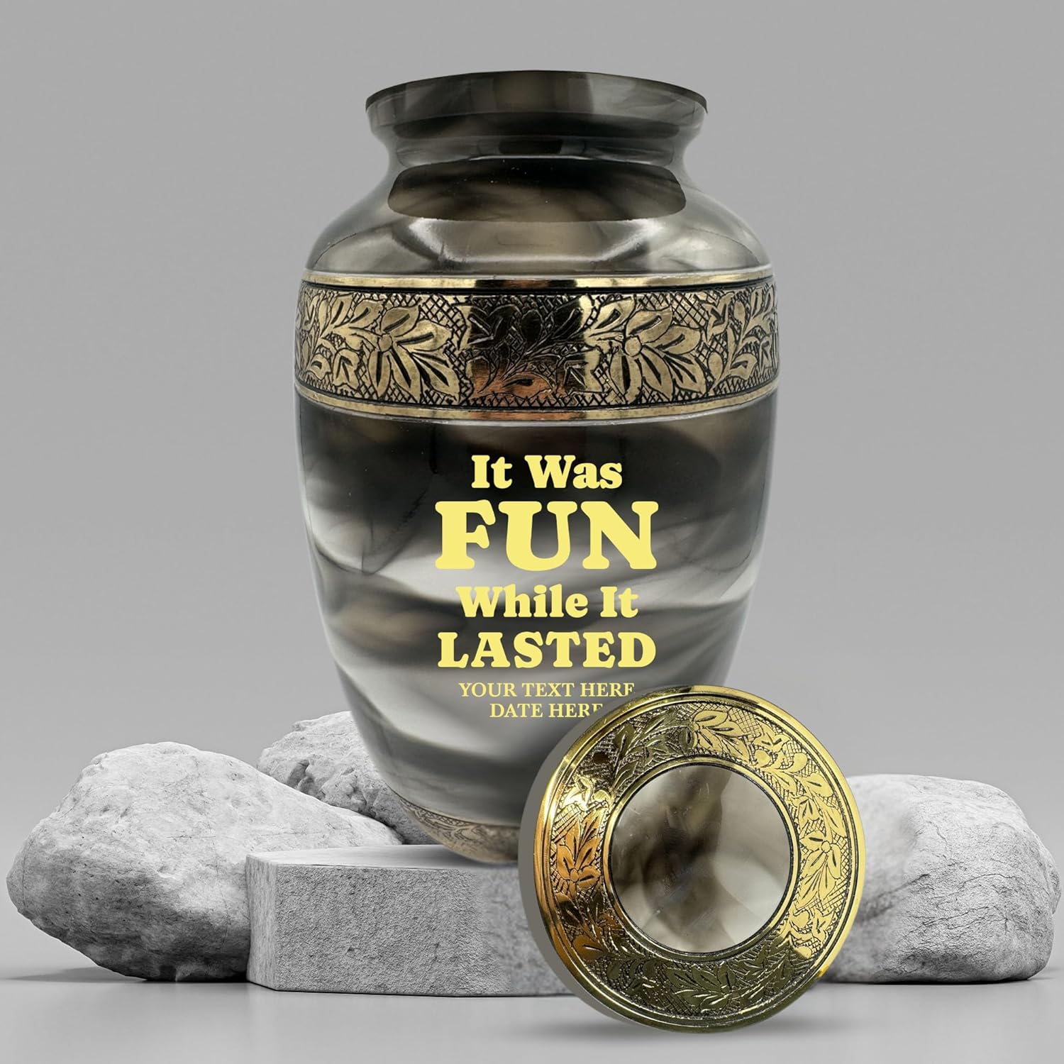 Custom Cremation Urn with Engraved Name and Quotes - Witty Design in Gold Suzesta Series 200 Cuin Capacity