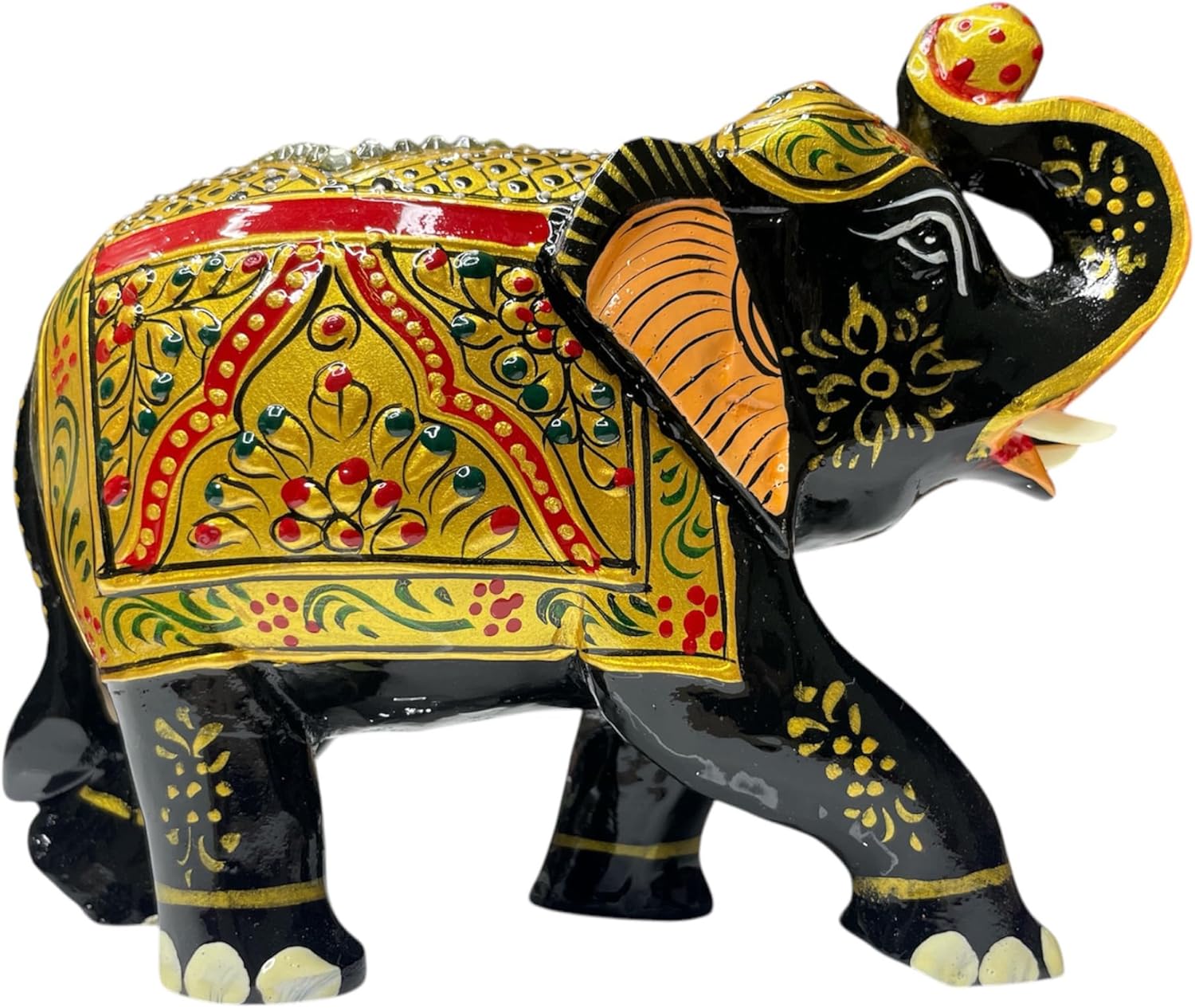 Handcrafted Wooden Elephant Statue with Gold and Gemstone Accents