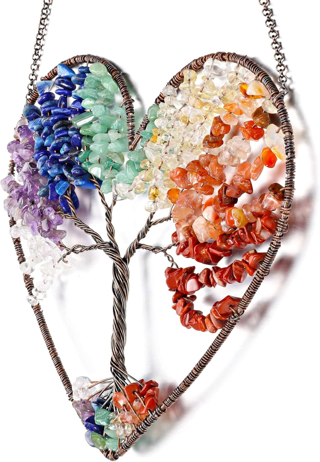 JOVIVI Double Heart Tree of Life Hanging Ornament with 7 Chakra Healing Crystals