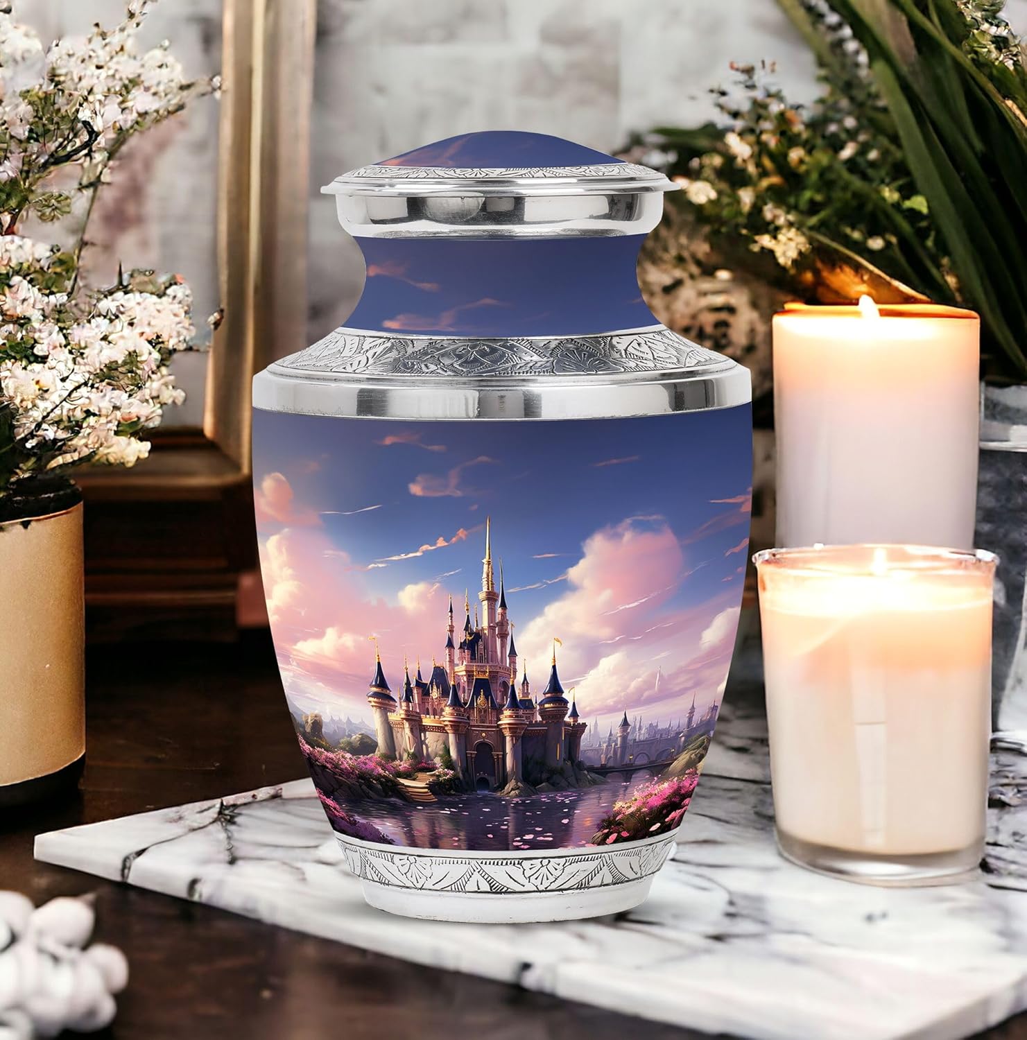 The Castle By The Blooming River Cremation Urn 10 Inch Adult Size