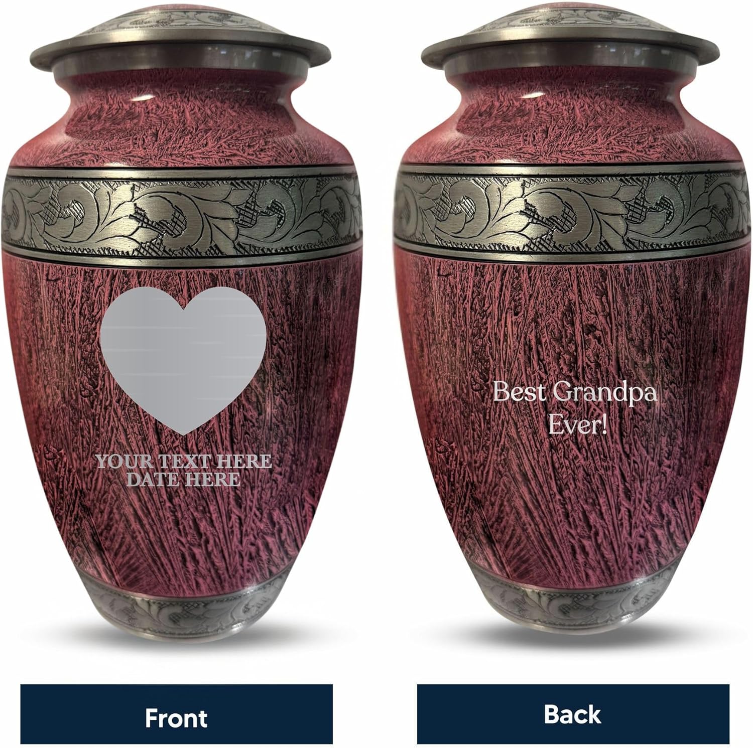 Personalized Distressed Silver Urn for Ashes - Heart Design Cremation Vessel Elevate Collection 200 Cubic Inch