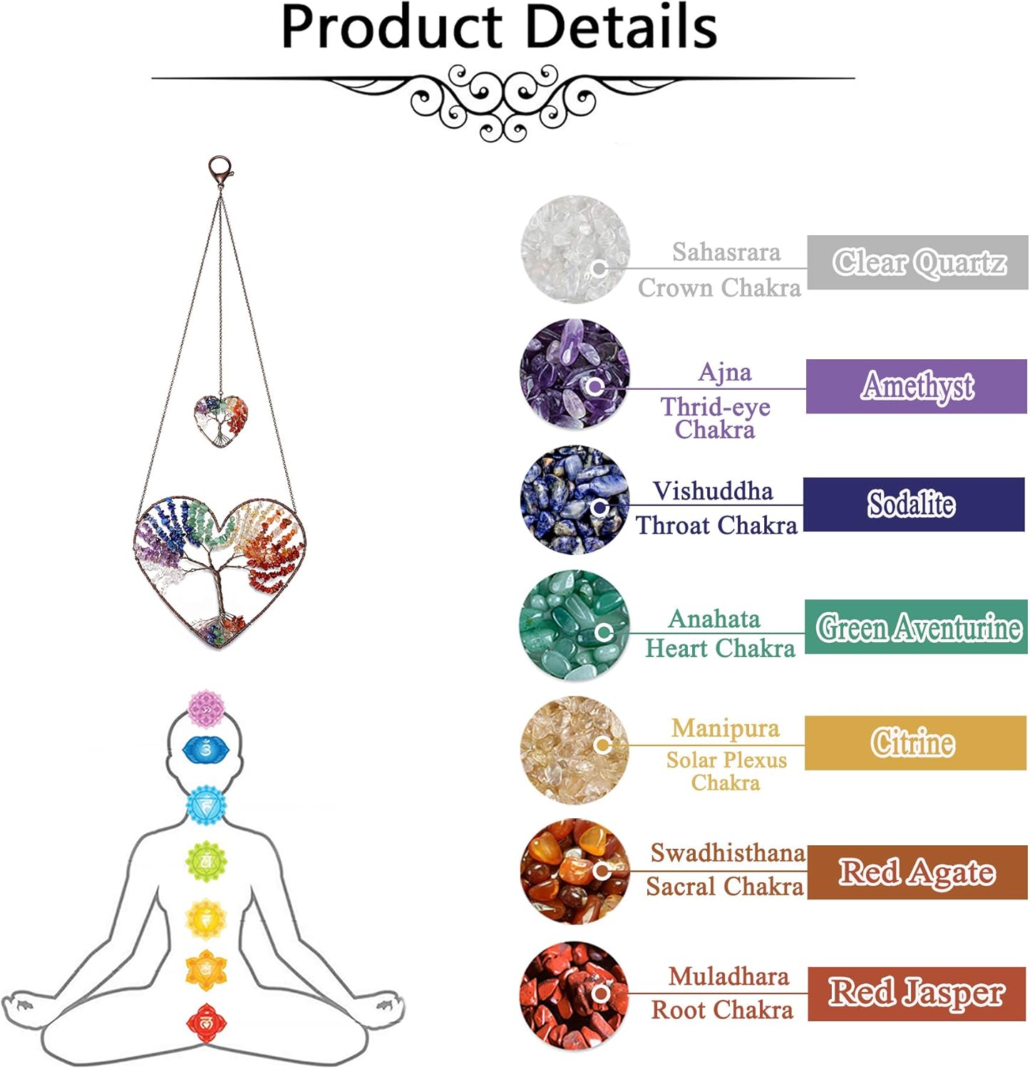 JOVIVI Double Heart Tree of Life Hanging Ornament with 7 Chakra Healing Crystals
