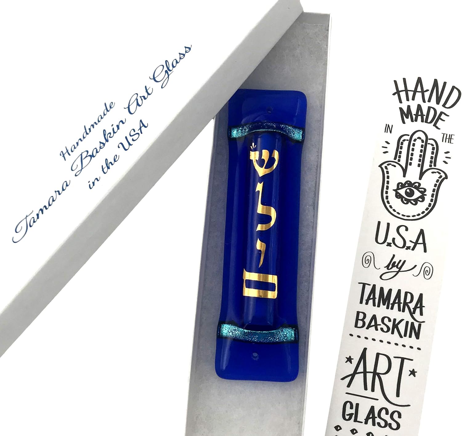 Tamara Baskin Art Glass Shalom Mezuzah Midnight Blue