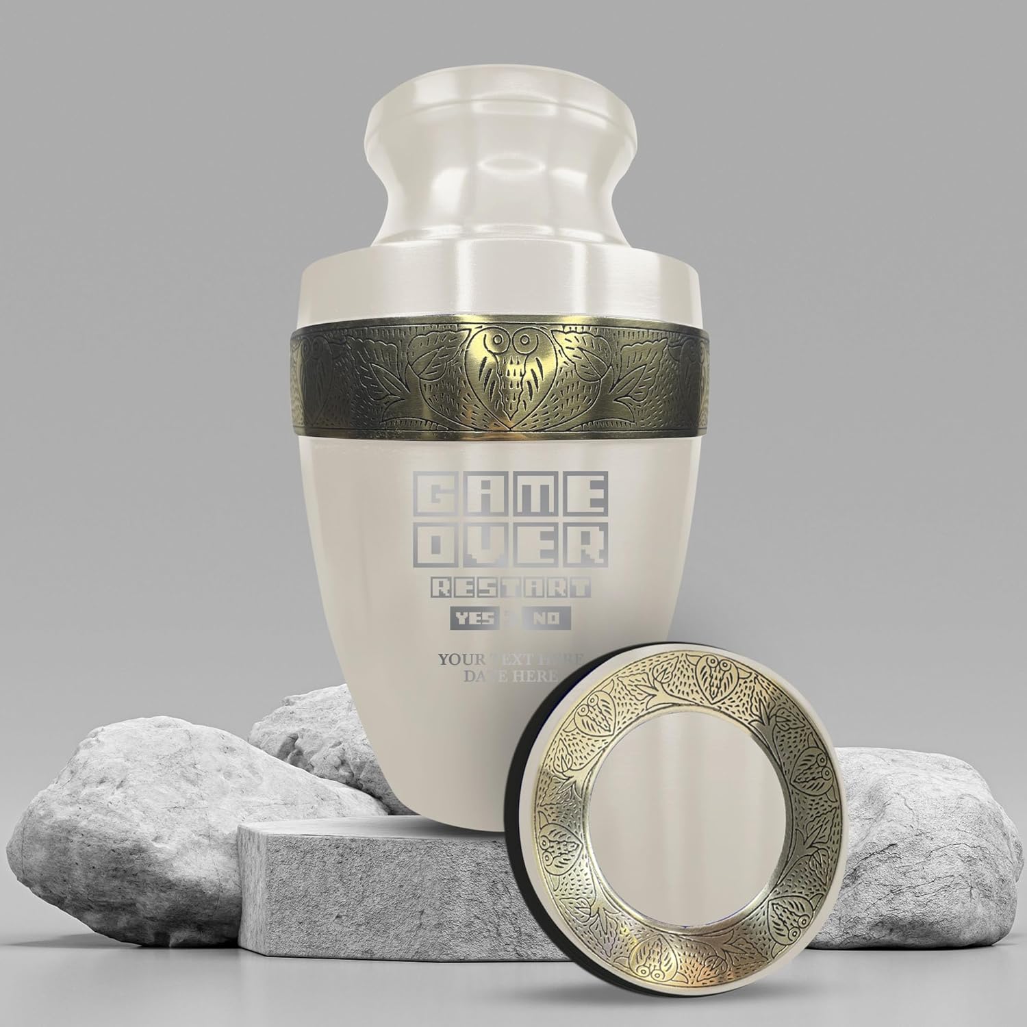 Personalized Gaming Urn with Custom Name and Date 200 Lbs Capacity Gold Rim Design White Color Game Over 3