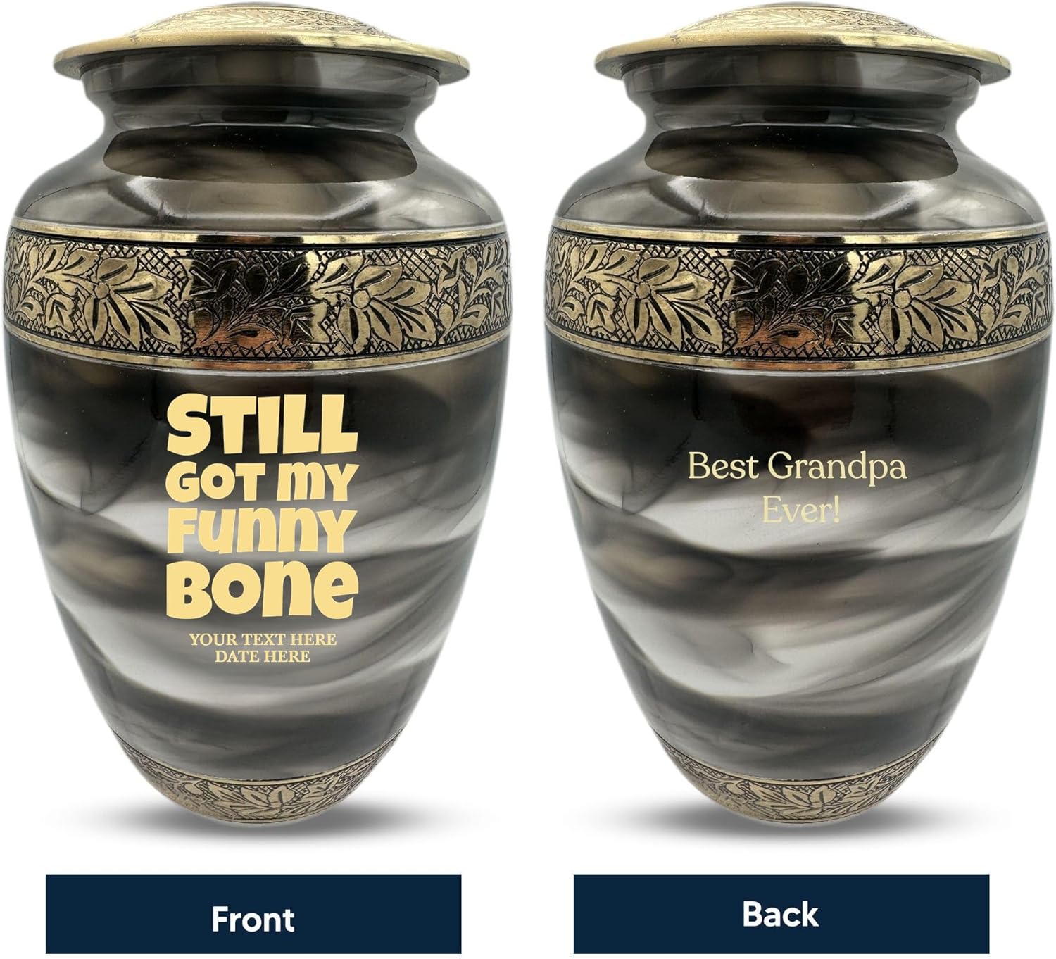 Custom Cremation Urn for Men Women - Gold Engraved Name Dates Funny Bone Design