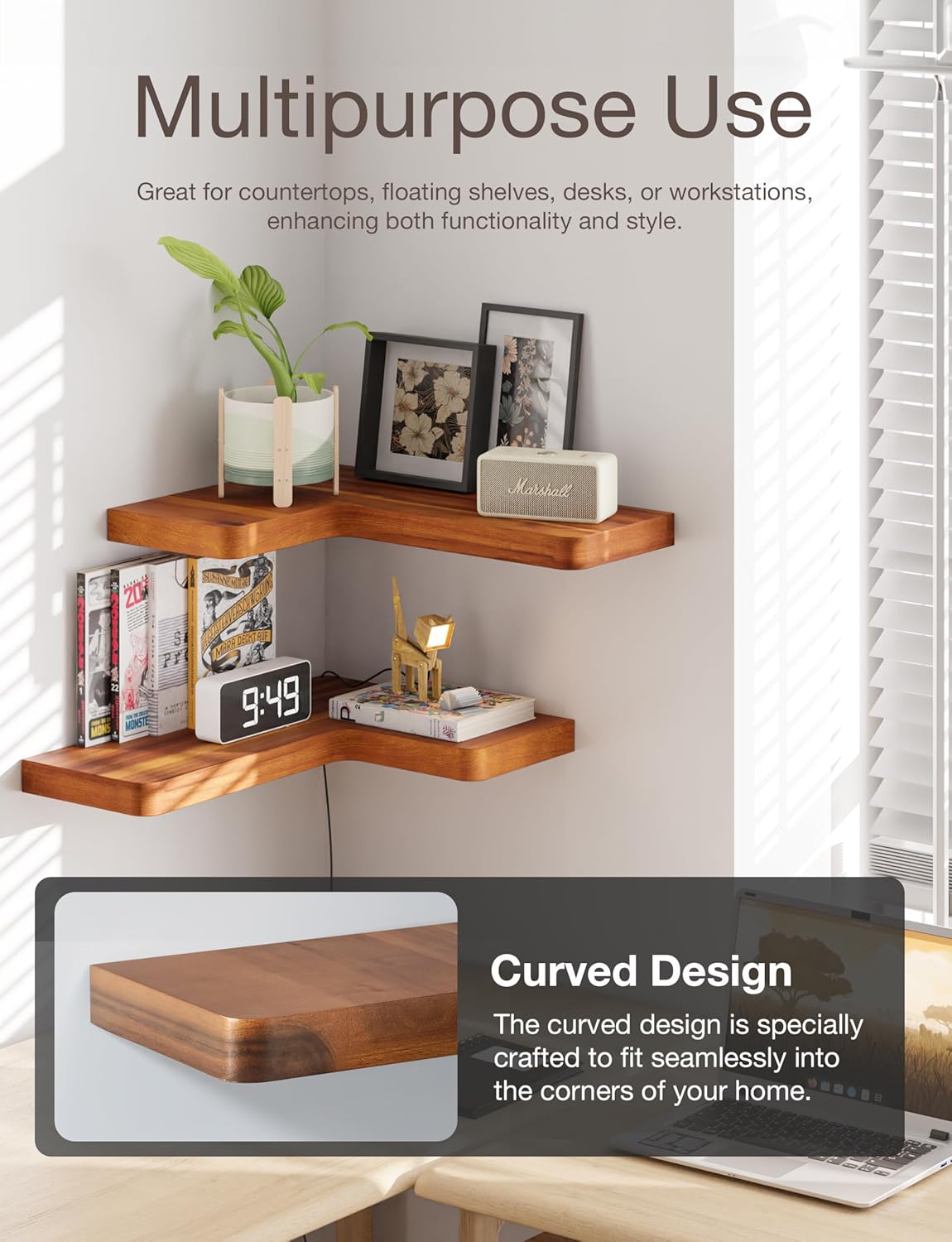 BATODA Acacia Wood Corner Floating Shelves Set of 2