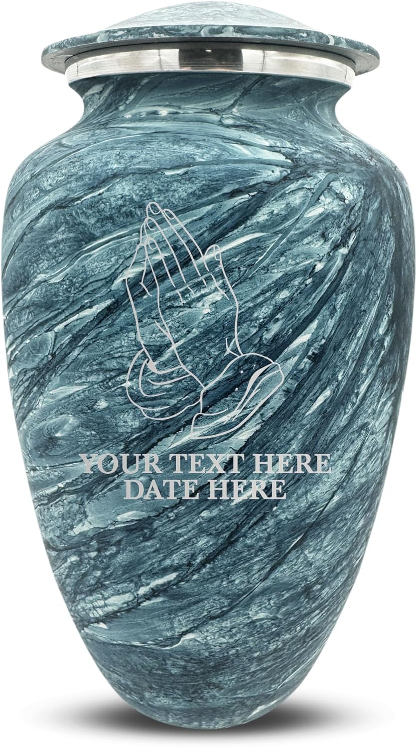 Custom Large Adult Cremation Urn with Name and Praying Hands Design - 200 Cubic Inch Blue Urn