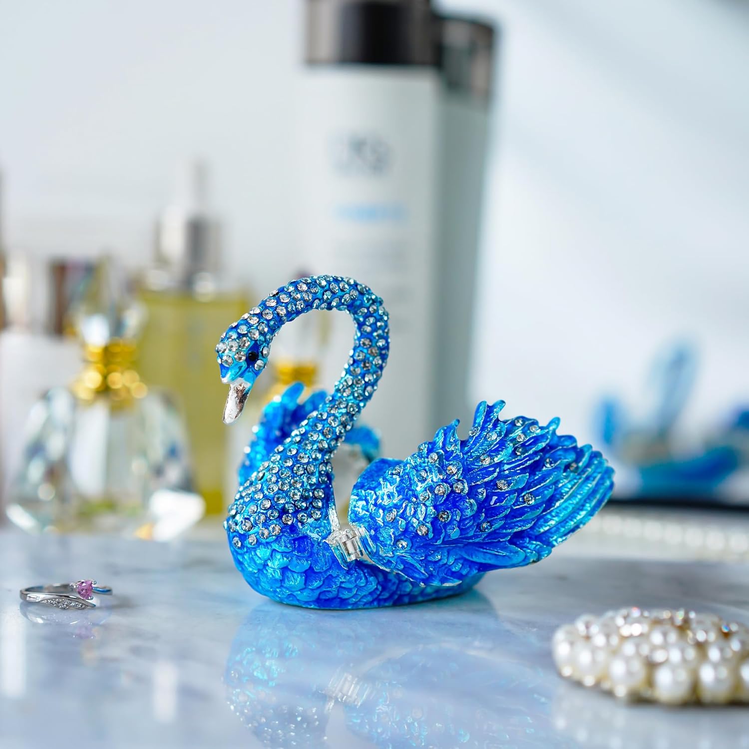 YU FENG Blue Swan Figurine Decorative Trinket Box