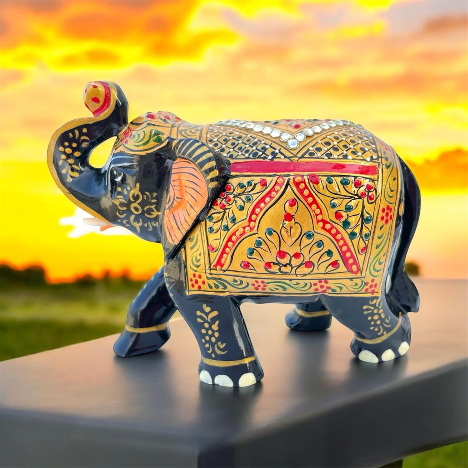 Handcrafted Wooden Elephant Statue with Gold and Gemstone Accents