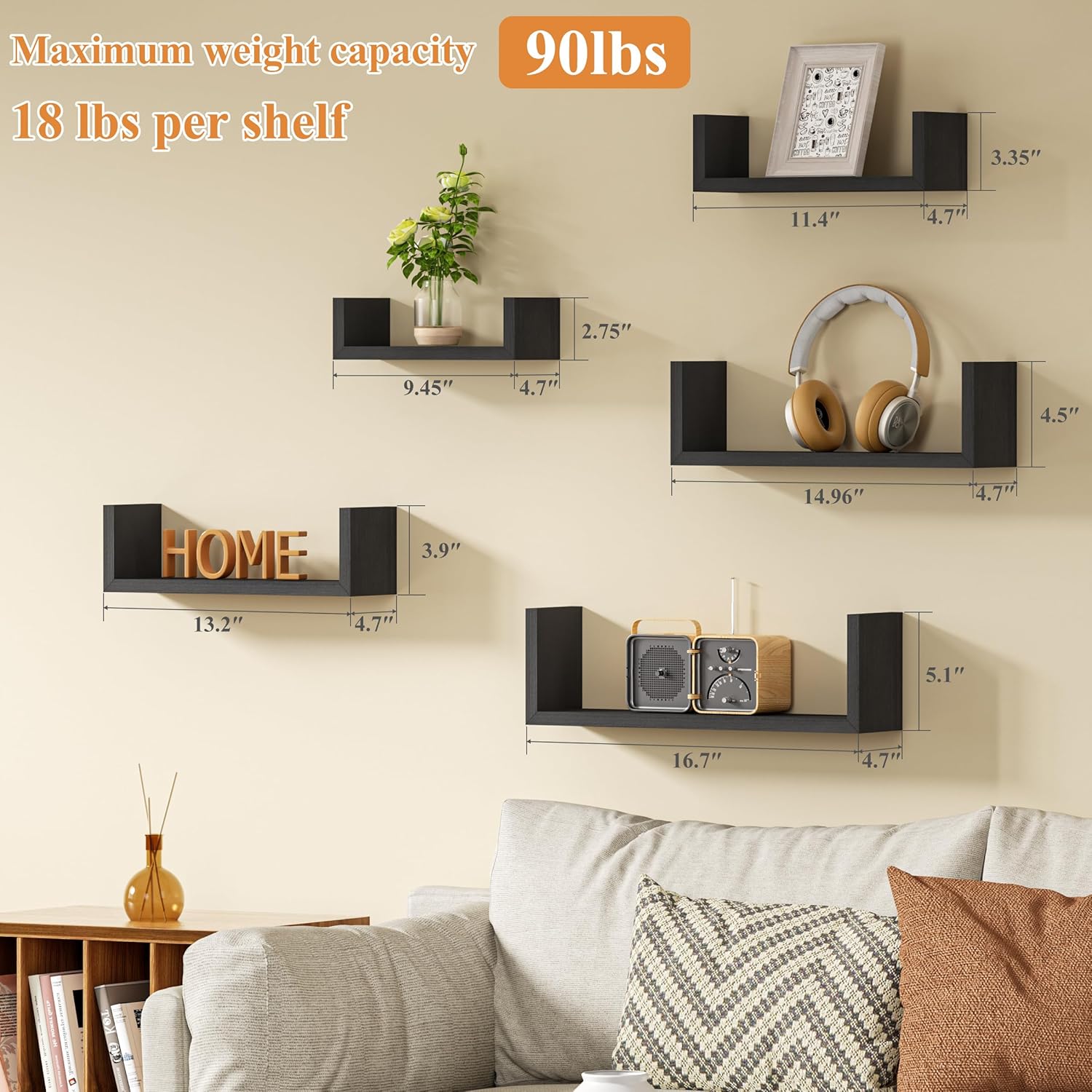 SRIWATANA Weathered Black Floating Wall Shelves Set of 5