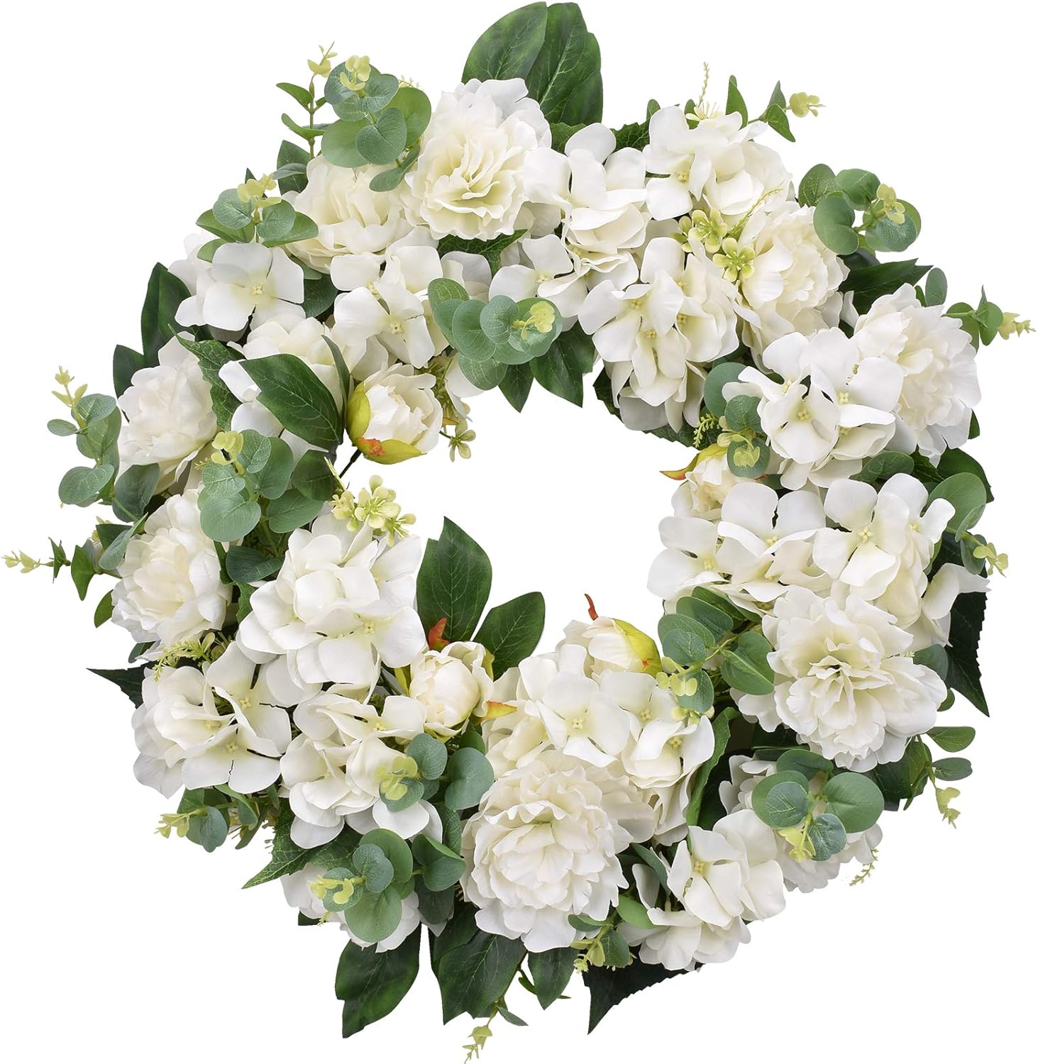 I-GURU Spring Wreath for Front Door Greenery Summer Door Wreaths with White Peony Flowers and Eucalyptus Decor