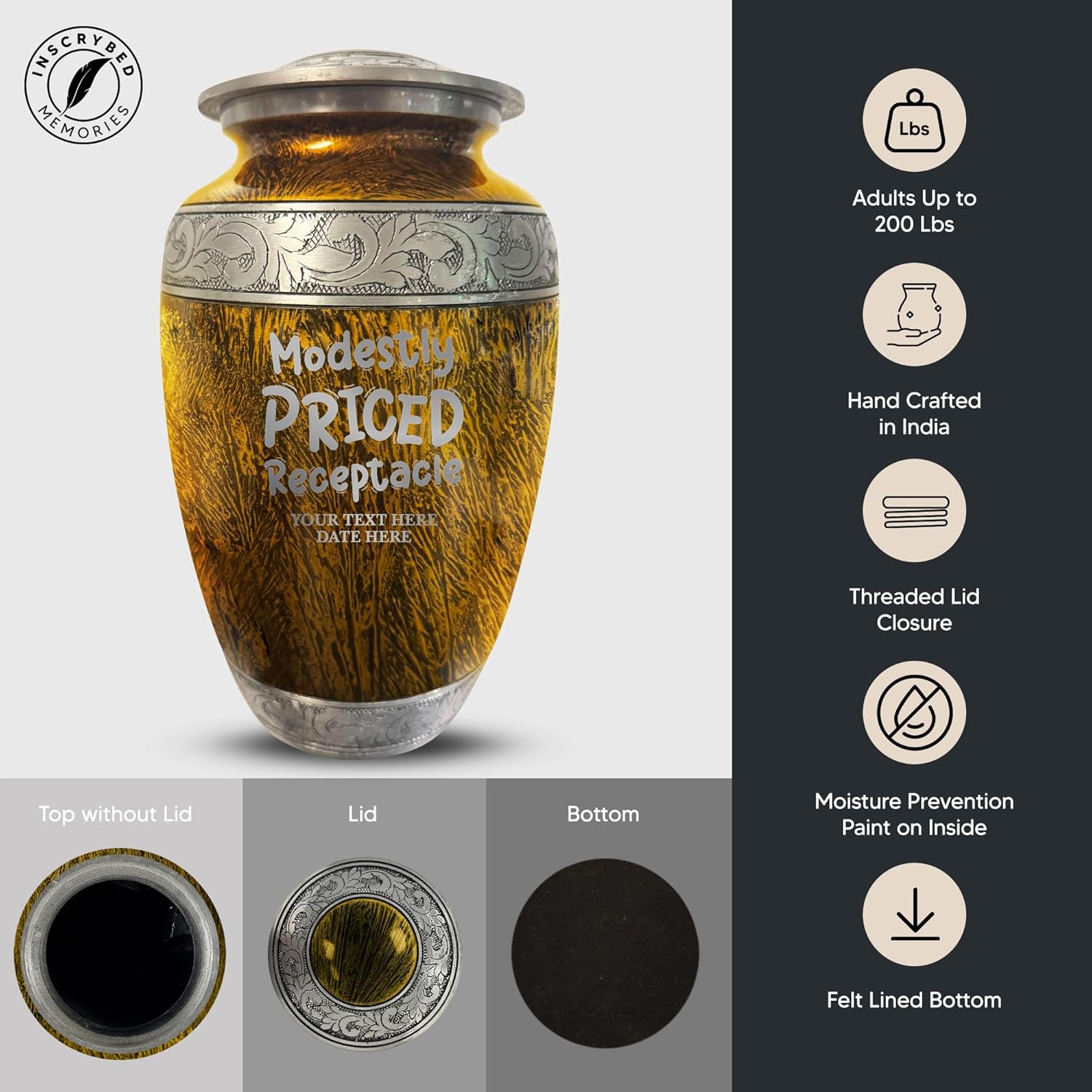 Personalized Large Adult Cremation Urn - Custom Name TV Movie Theme 200 Cubic Inch Gold