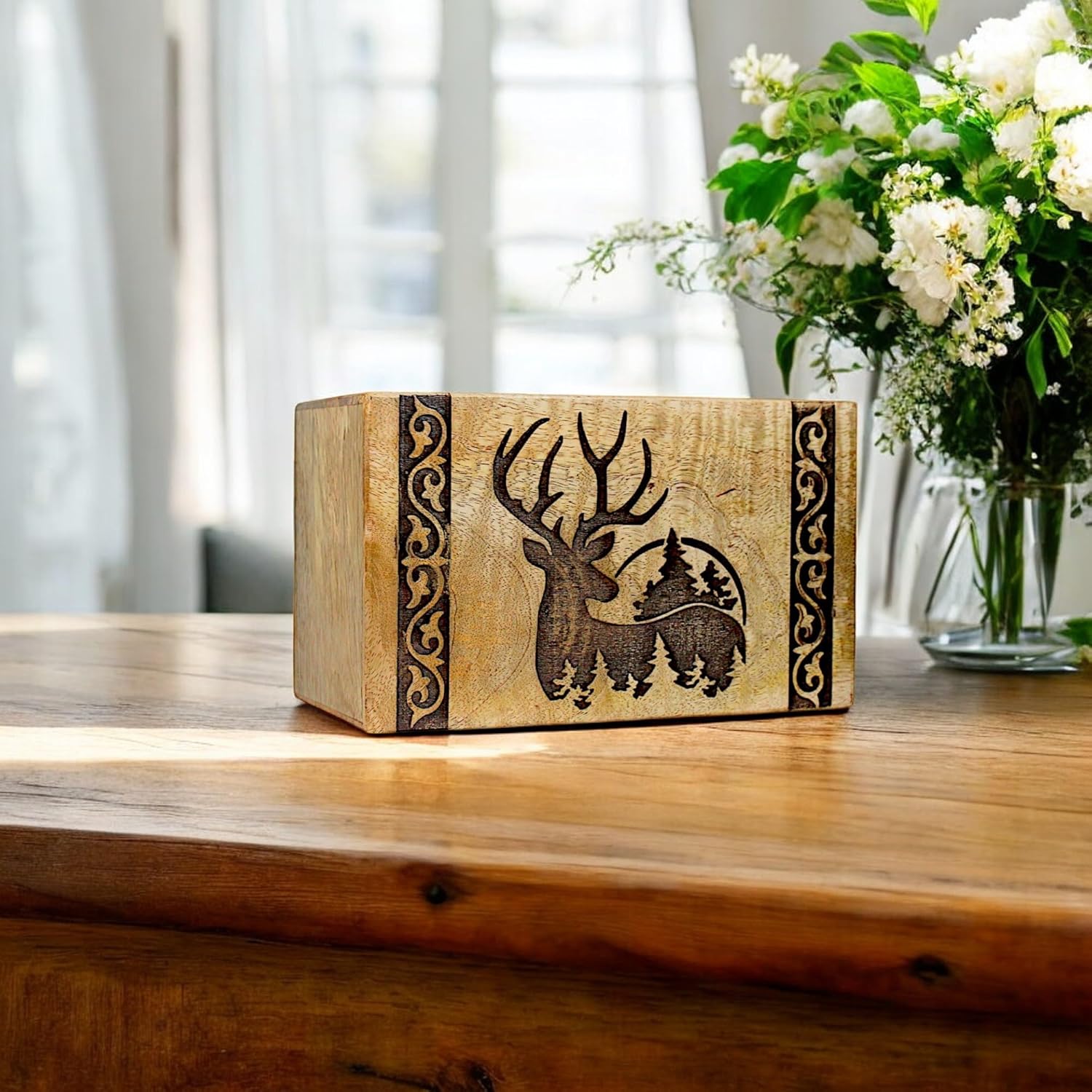 Handcrafted Wooden Cremation Urn with Deer Engraving