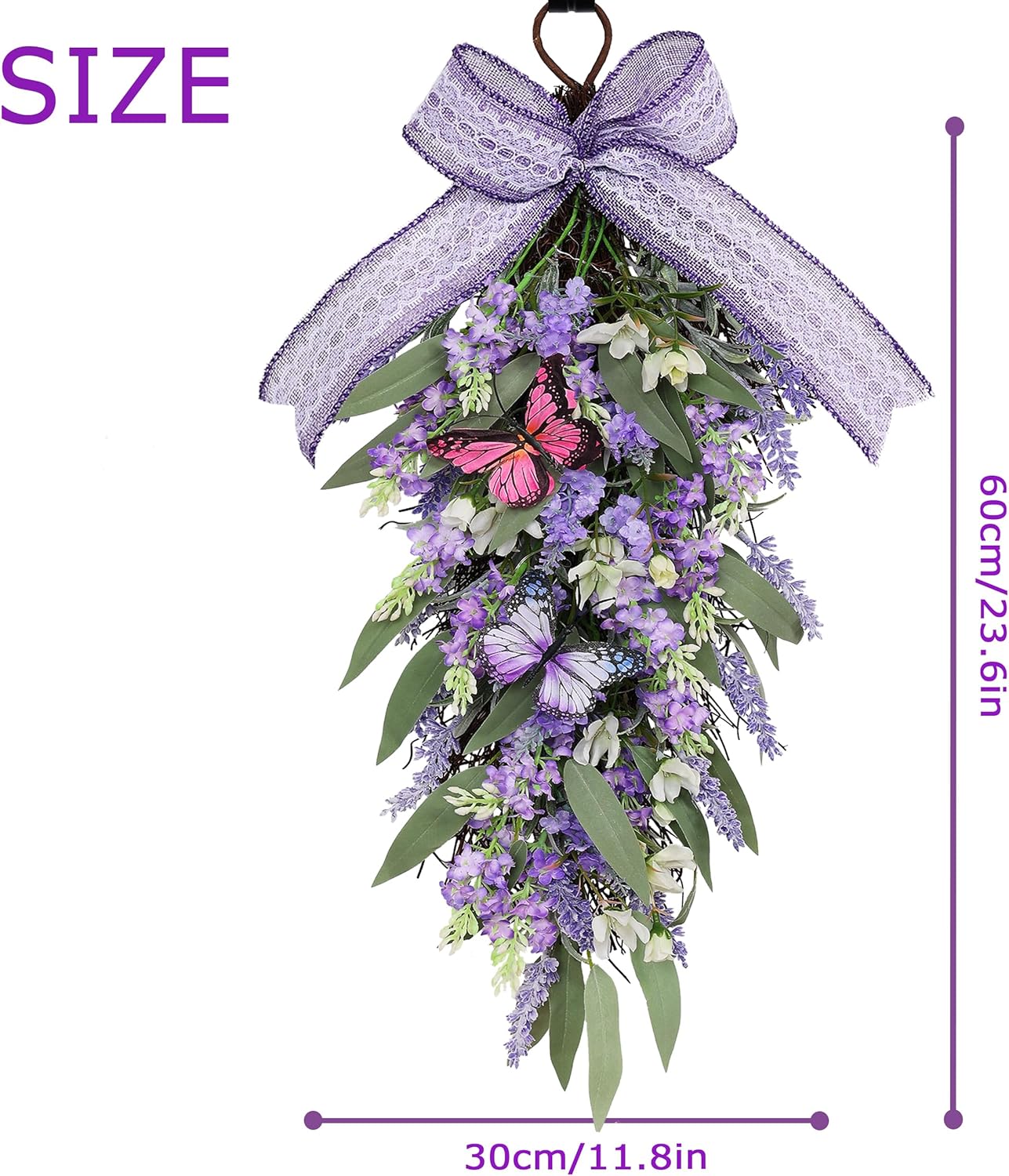 Jusdreen LED Teardrop Lavender Wreath with Butterflies Decor