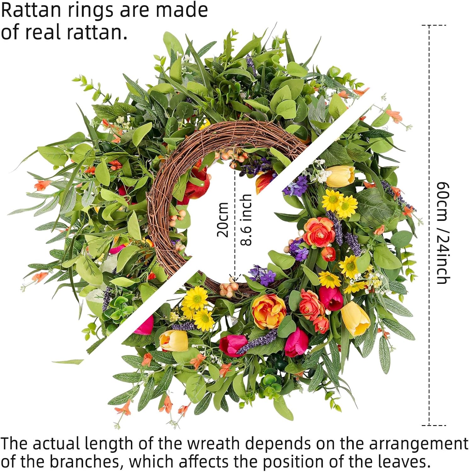 24 Inch Artificial Tulip Wreath for Front Door and Wall