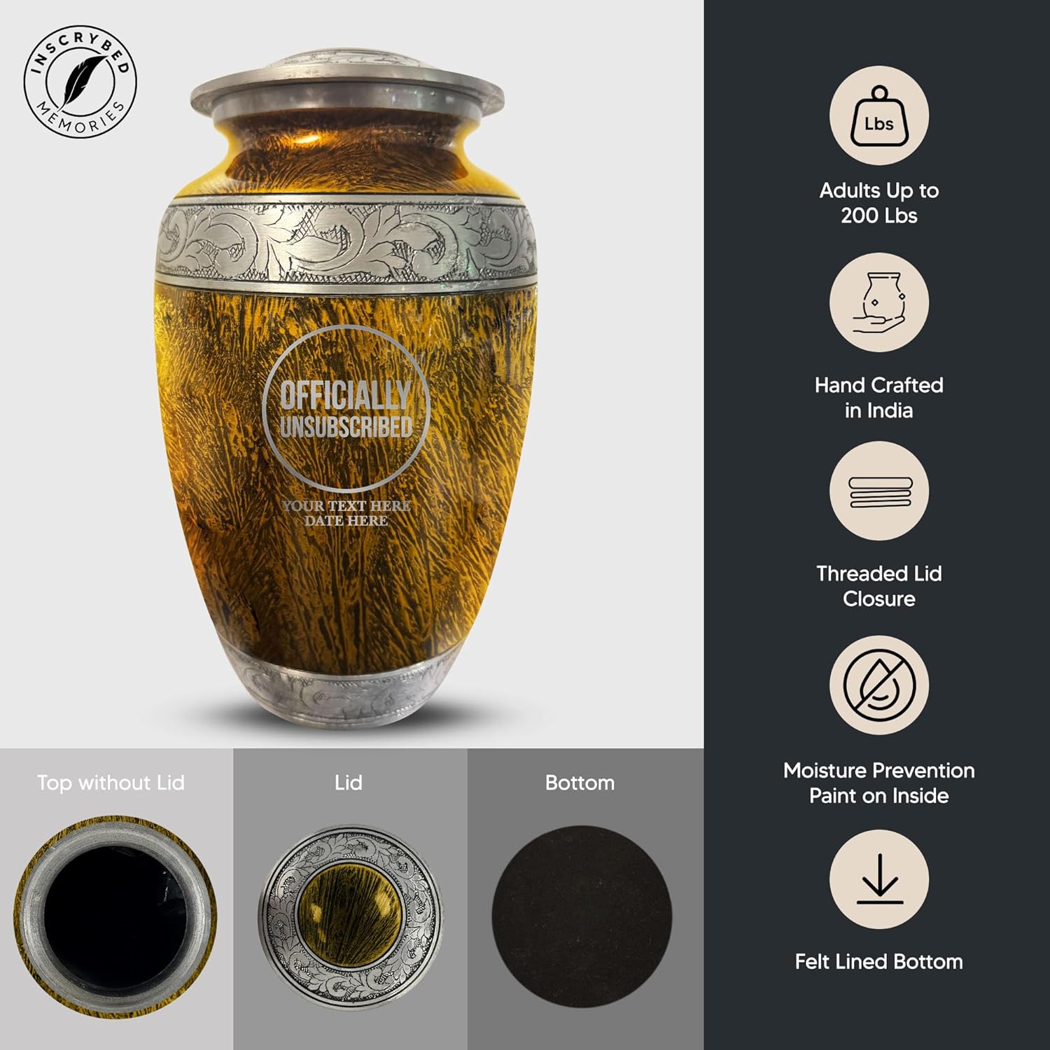 Personalized Tech Cremation Urn with Name and Humorous Design 200 cu Inch Silver Inlay Collection Gold