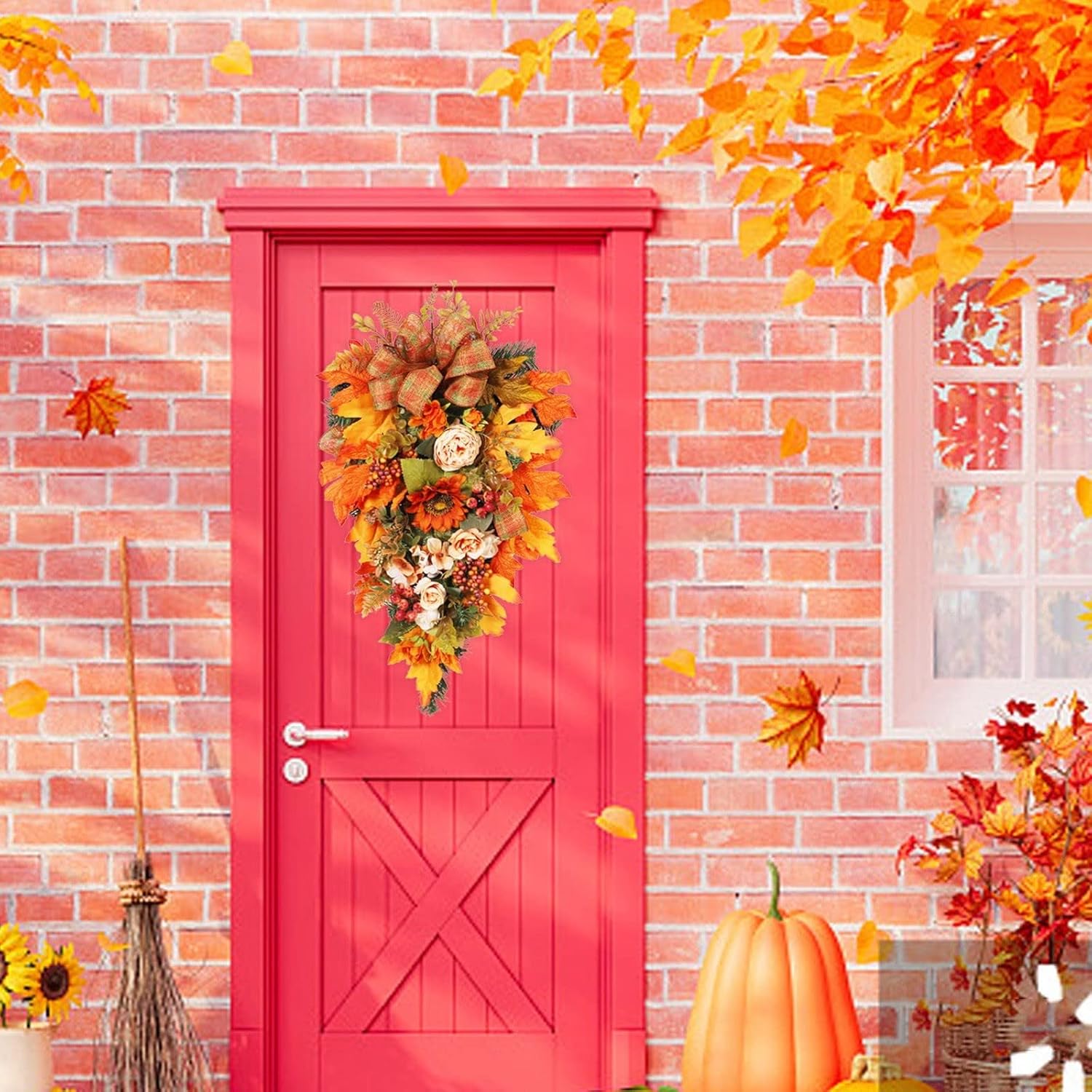 Artificial Fall Teardrop Swag Wreath for Front Door