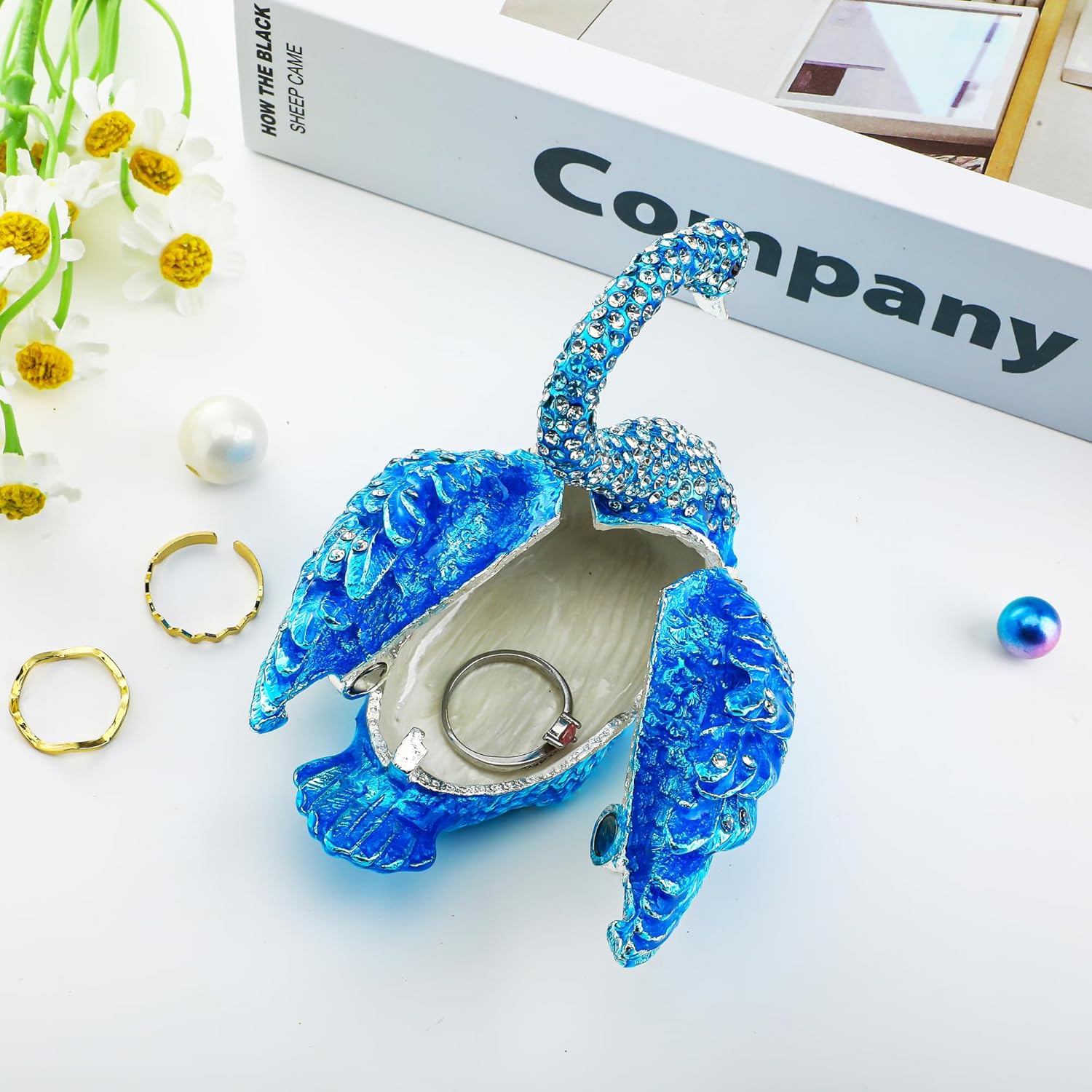 YU FENG Blue Swan Figurine Decorative Trinket Box