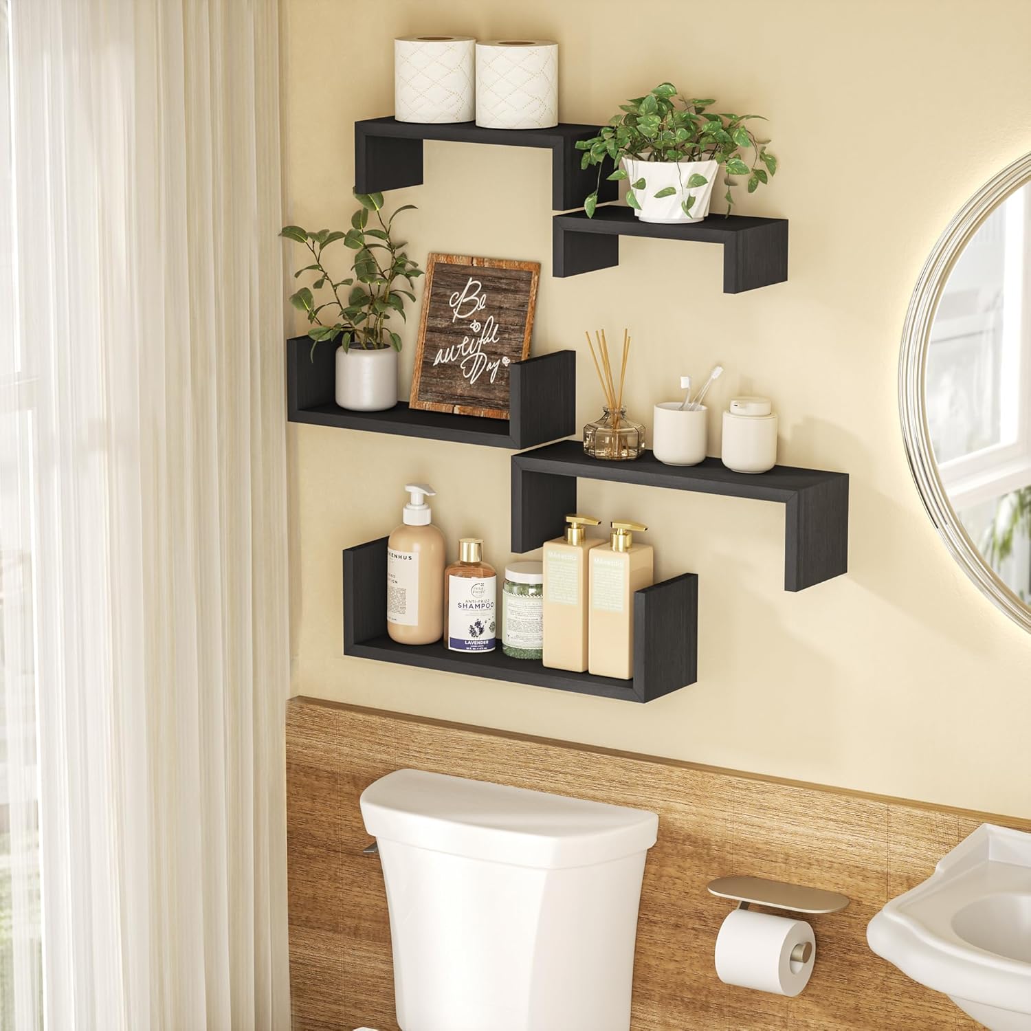 SRIWATANA Weathered Black Floating Wall Shelves Set of 5