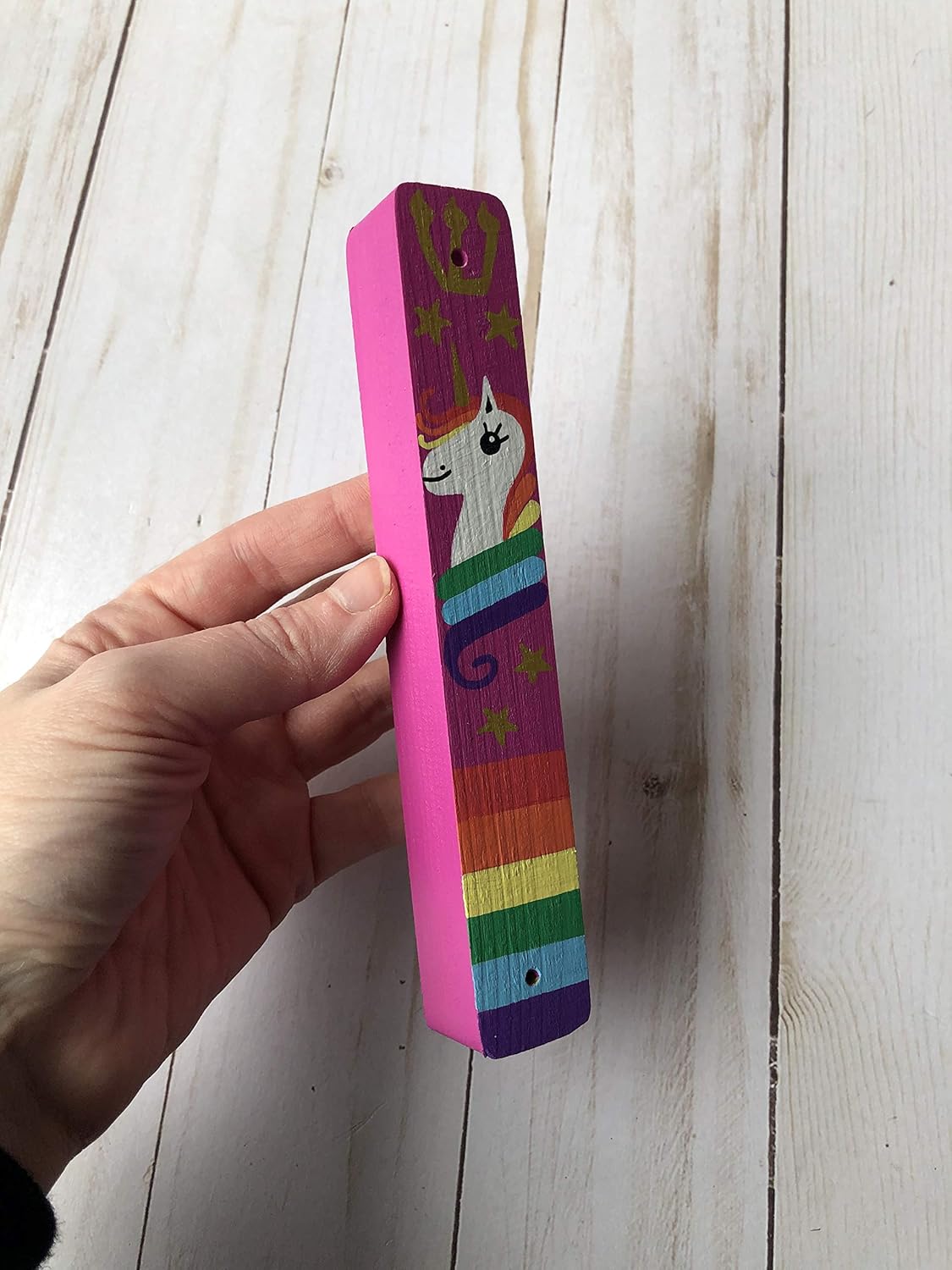 Lea Joelle Unicorn Mezuzah with Rainbow and Stars - Handmade Scroll Case Dark Pink