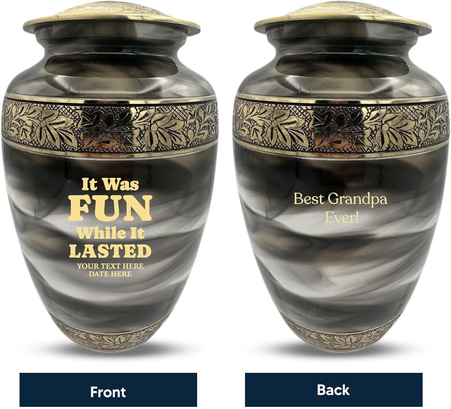 Custom Cremation Urn with Engraved Name and Quotes - Witty Design in Gold Suzesta Series 200 Cuin Capacity