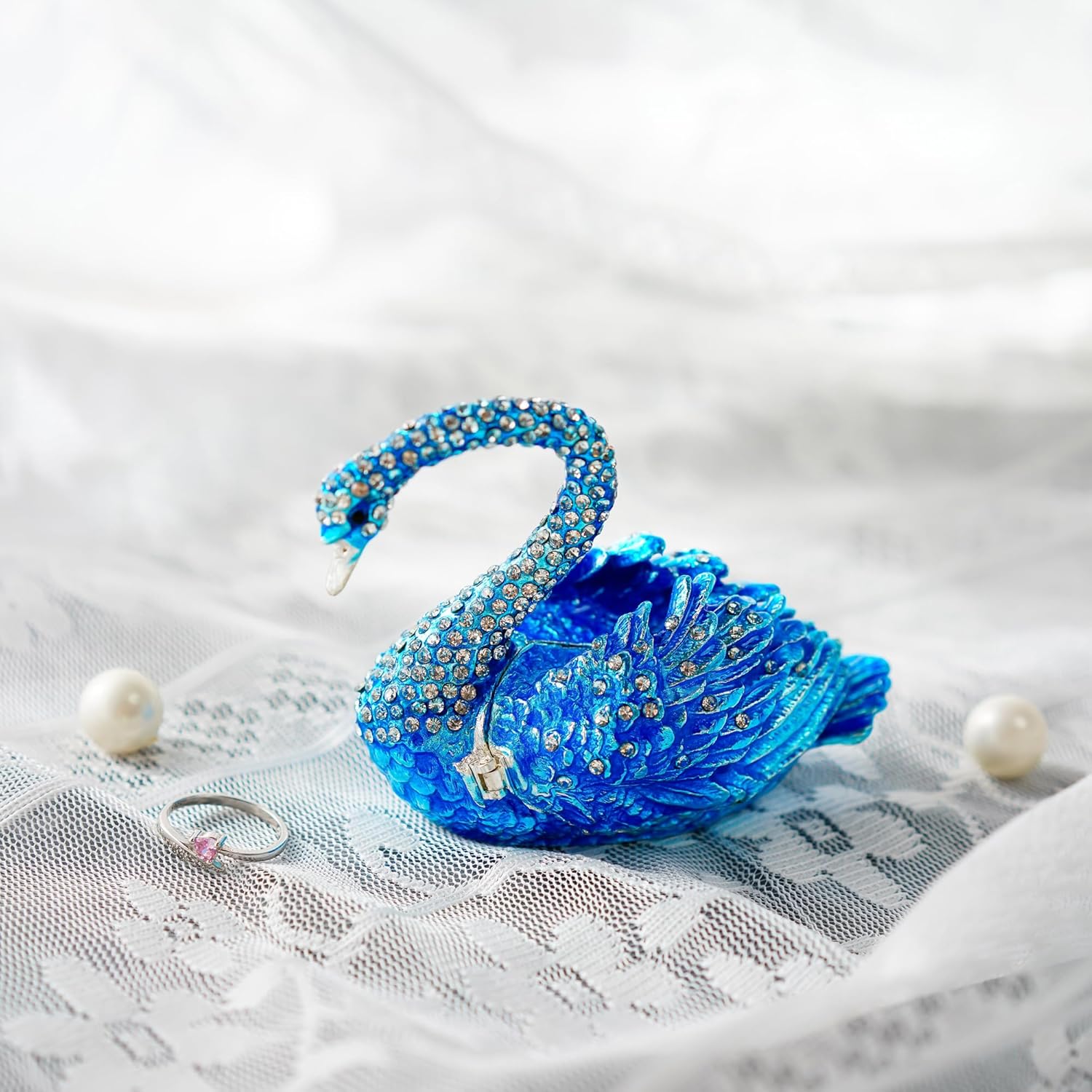 YU FENG Blue Swan Figurine Decorative Trinket Box