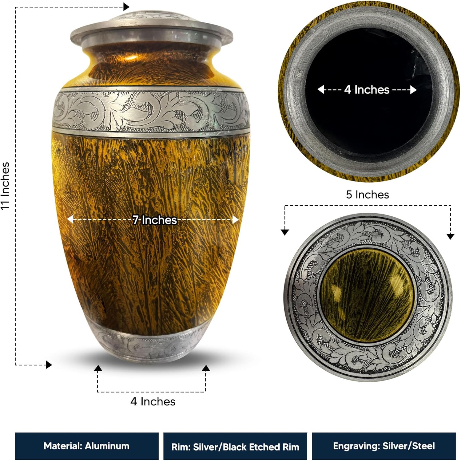 Personalized Cremation Urn with Praying Hands Design - 200 Cubic Inch Distressed Silver Inlay