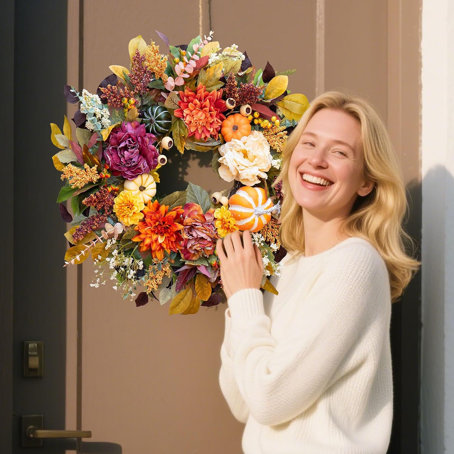 24-Inch Fall Wreath for Front Door with Pumpkins and Artificial Flowers