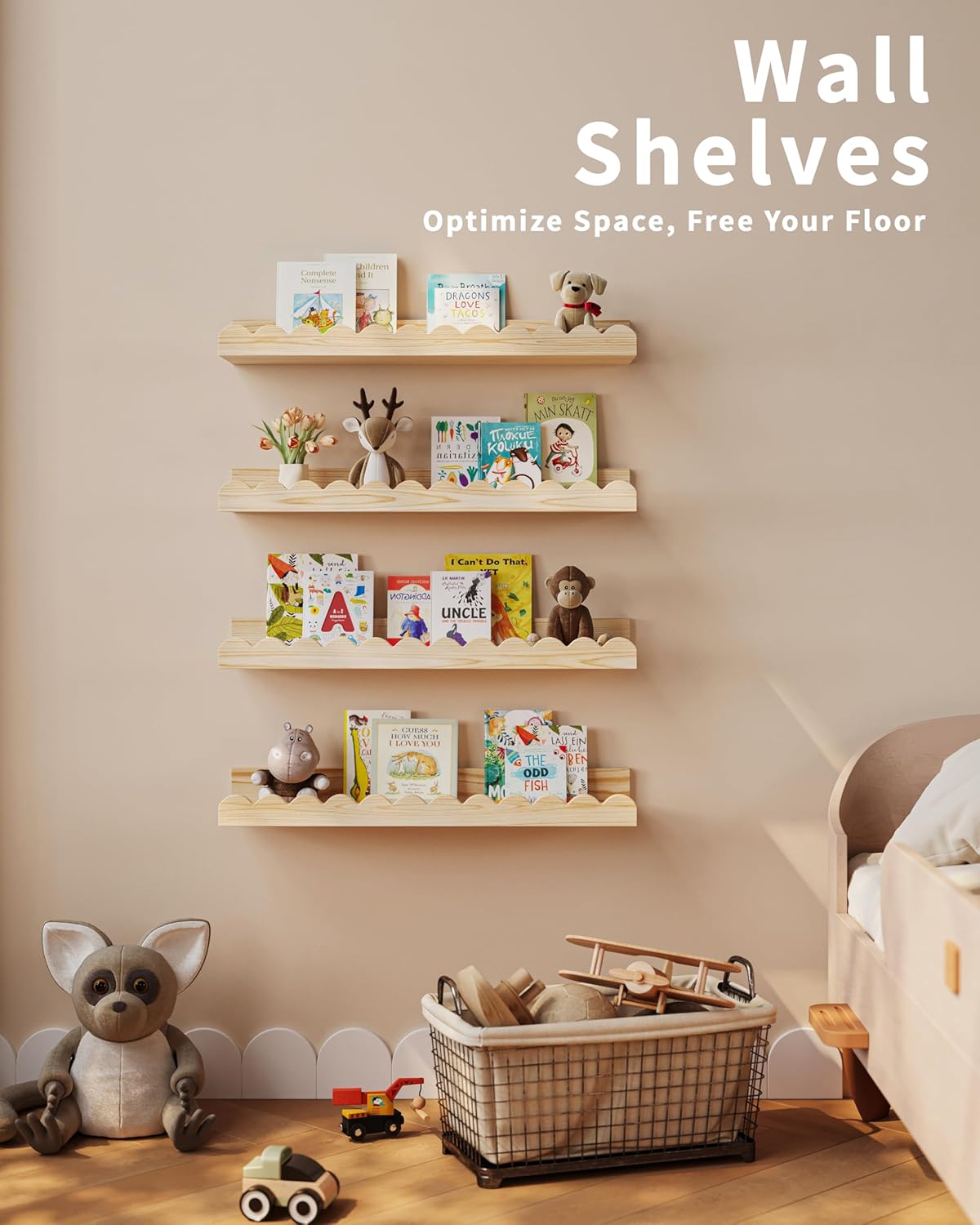 Shario 4-Pack Floating Wood Book Shelves for Kids