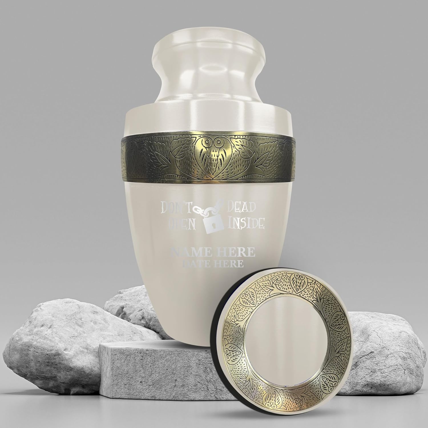 Personalized Adult Cremation Urn with Custom Engraving Elite Funny TV Movie Series 200 Lbs Capacity White with Gold Rim