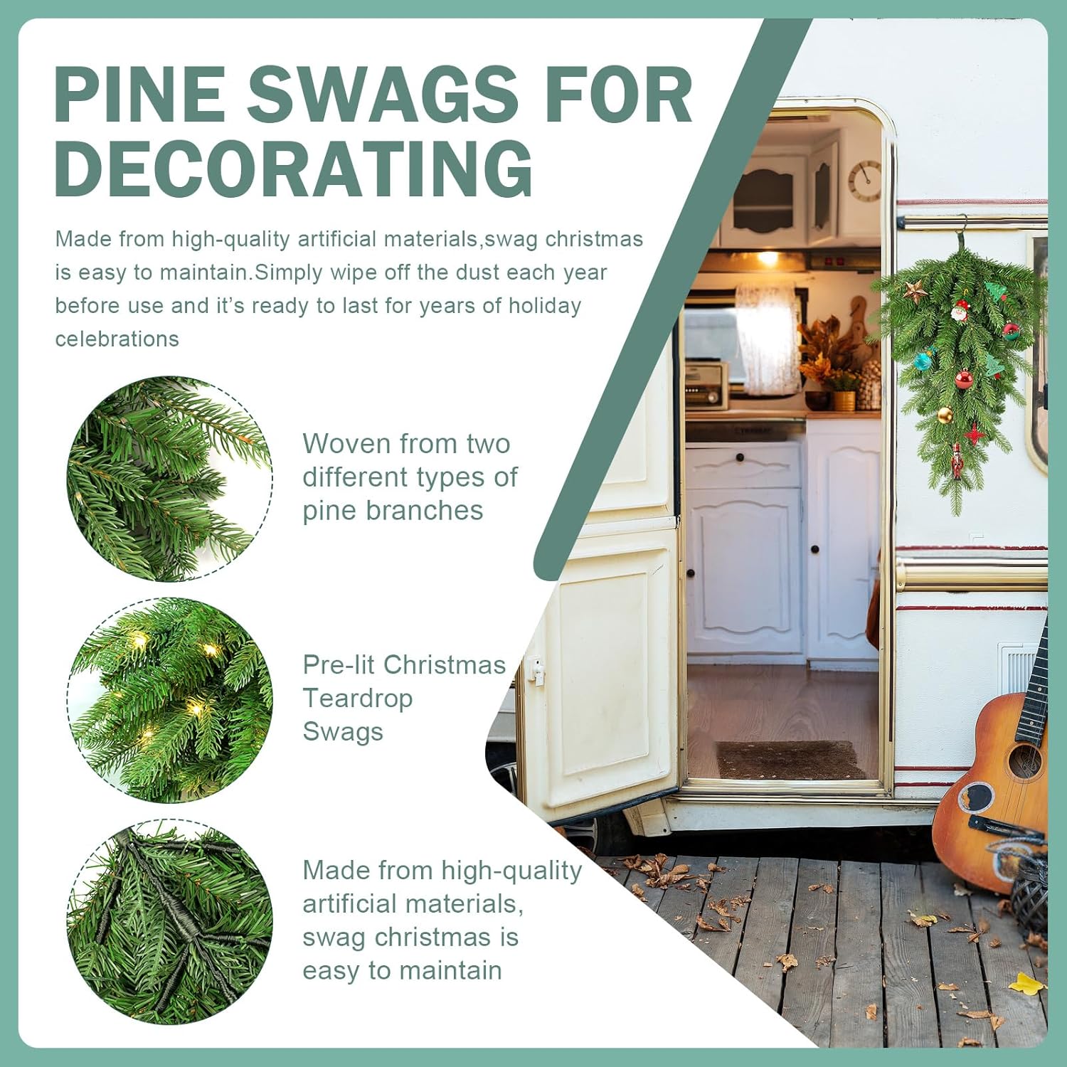 Pre Lit Artificial Christmas Teardrop Swag with 30 LED - 24 in Pine Greenery Staircase Decor