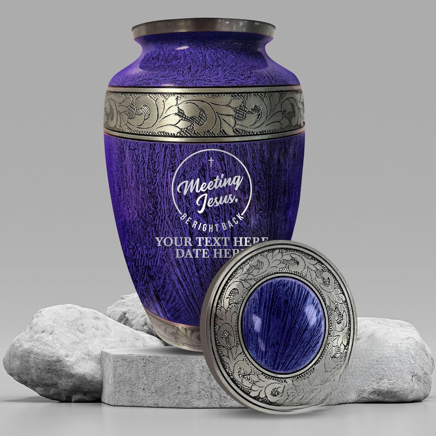 Personalized Large Adult Cremation Urn with Funny Design and Name - Purple Silver Inlay 200 cu Inch