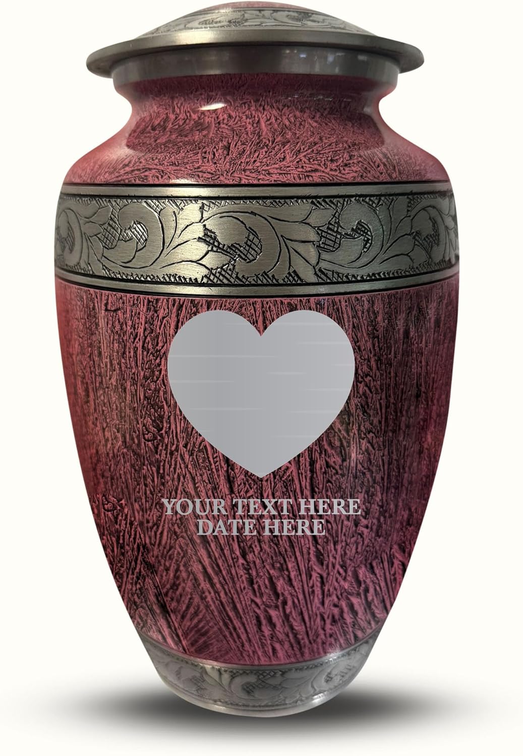 Personalized Distressed Silver Urn for Ashes - Heart Design Cremation Vessel Elevate Collection 200 Cubic Inch