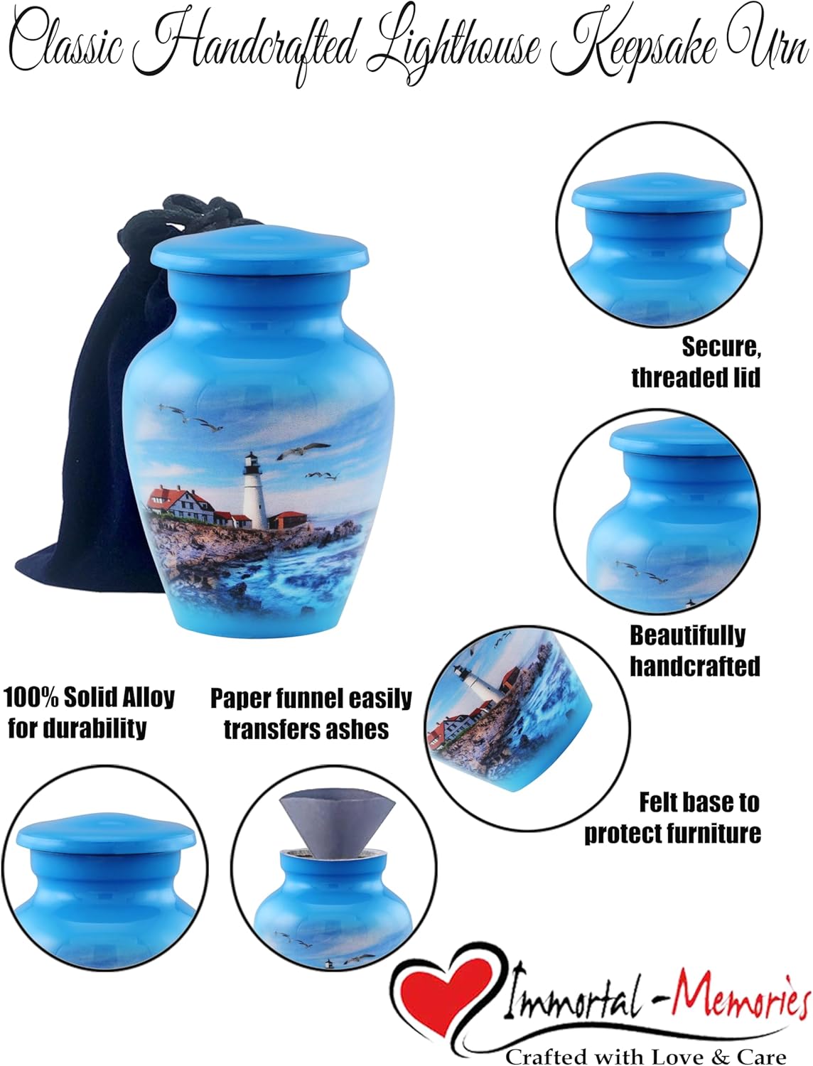 Lighthouse Keepsake Urn for Ashes - Mini Cremation Urn with Premium Case and Bag