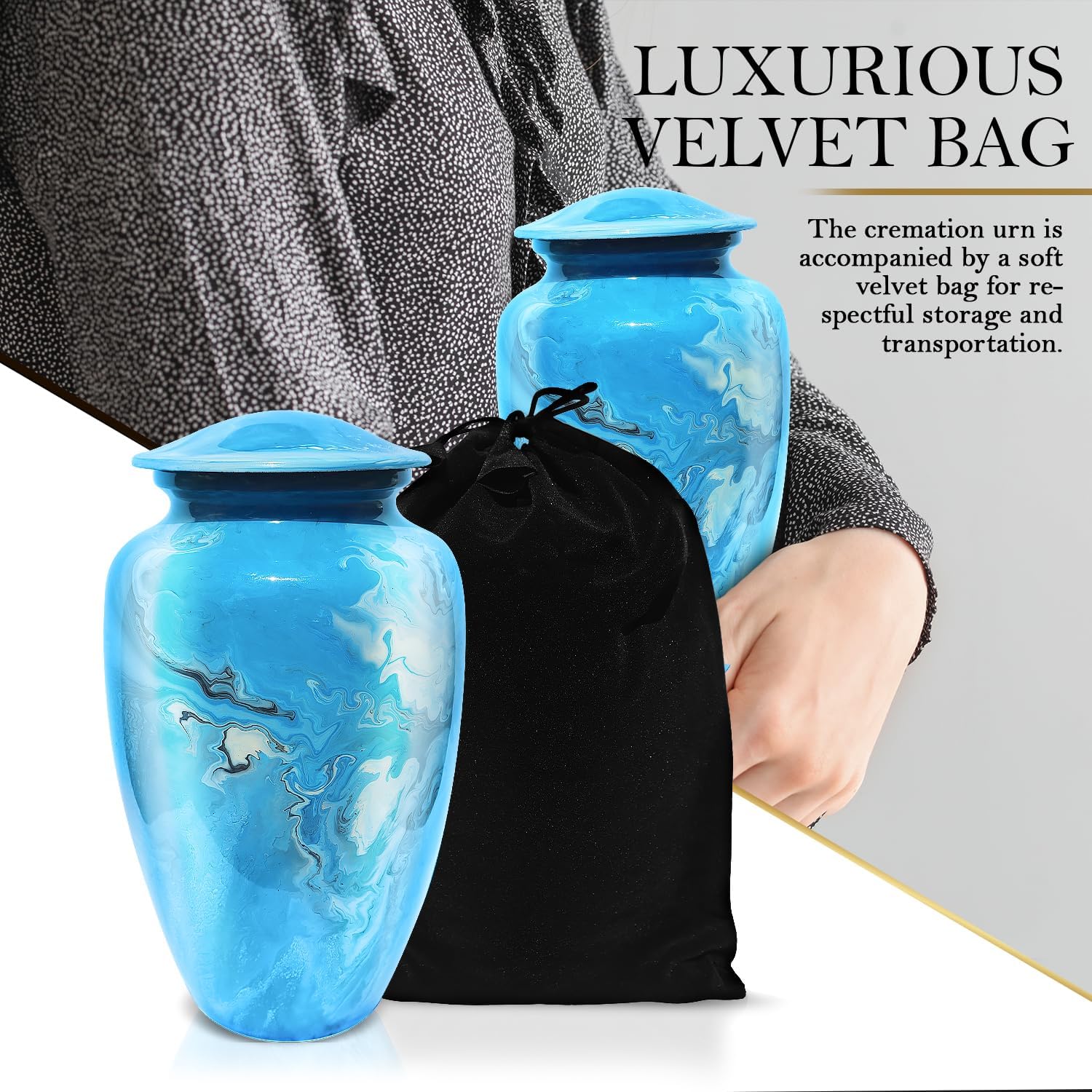 Cremation Urn for Human Ashes - Decorative Blue Marble Aluminum Urn with Velvet Bag
