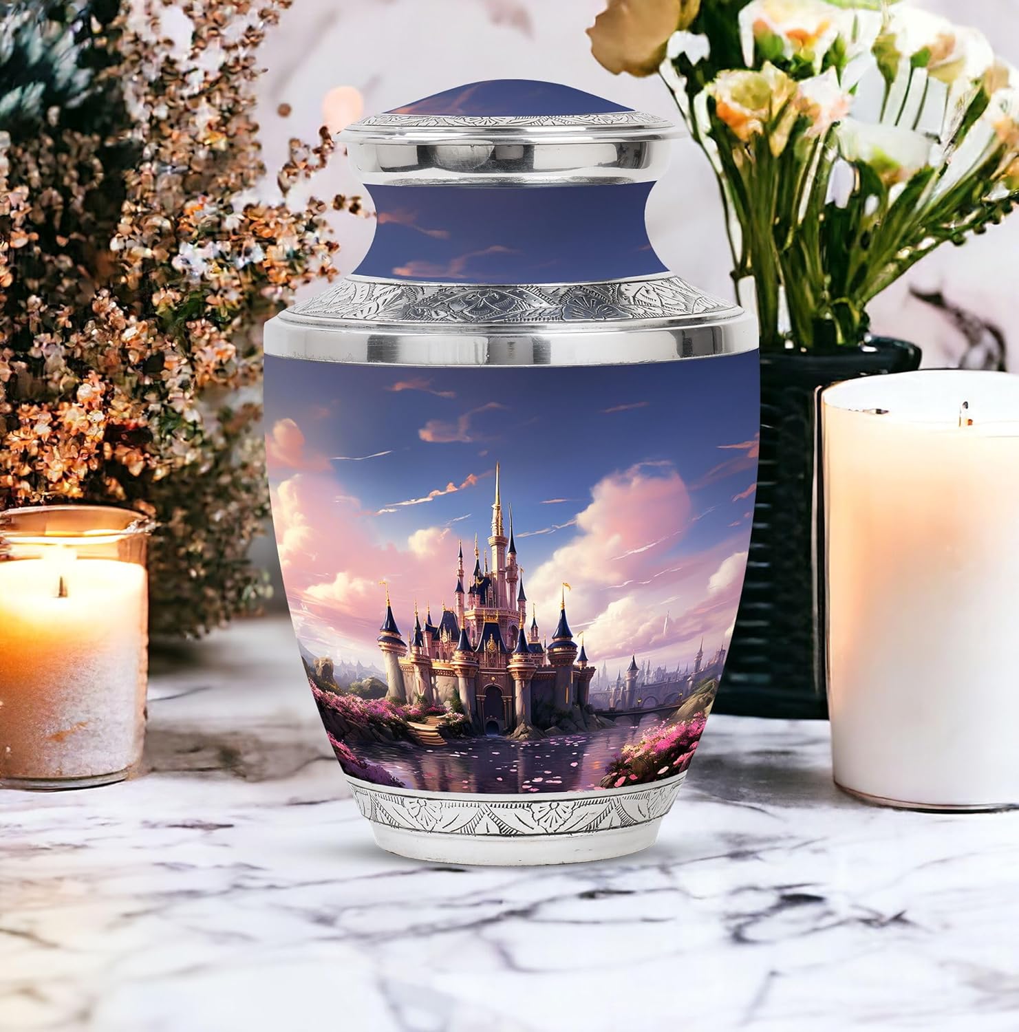 The Castle By The Blooming River Cremation Urn 10 Inch Adult Size