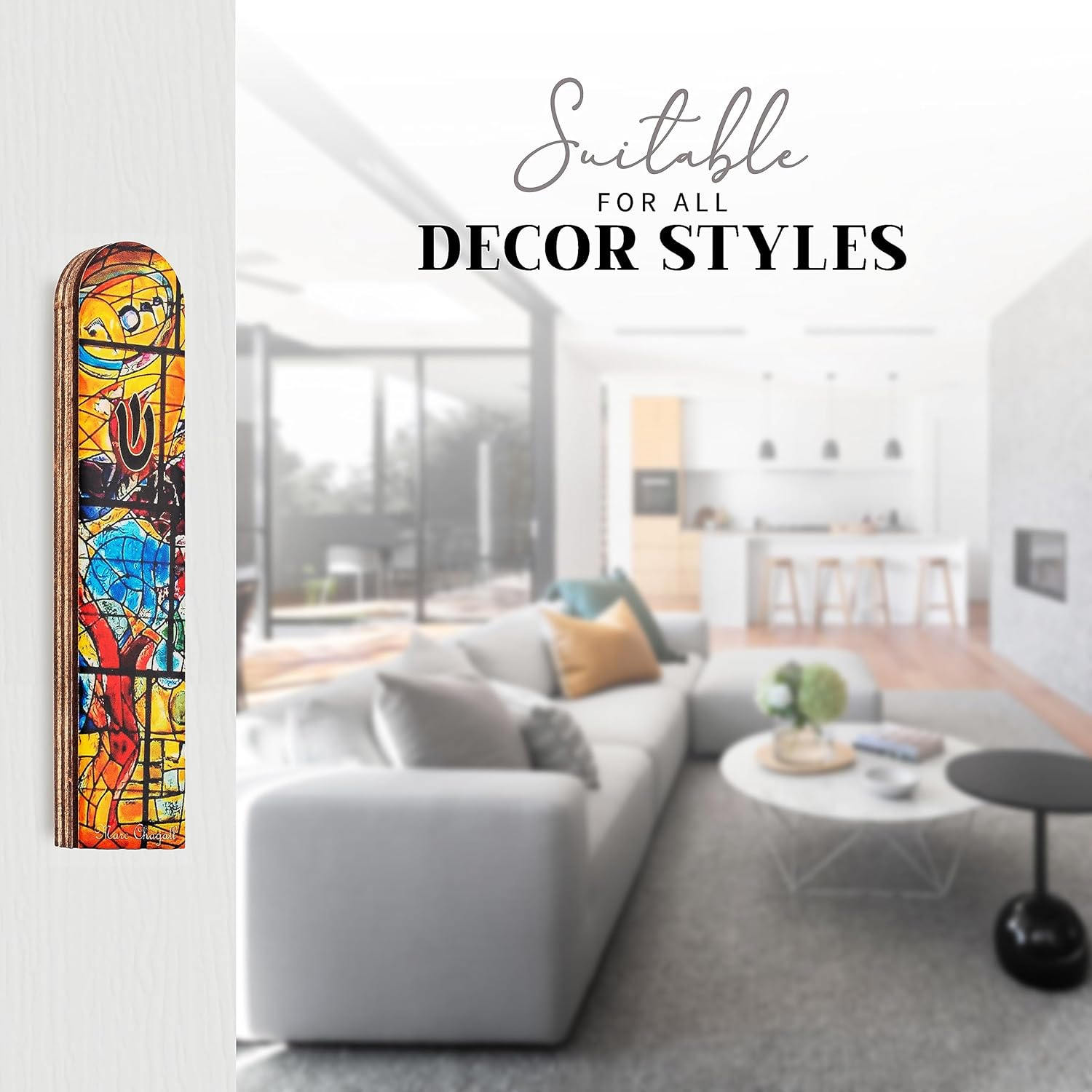 SURI Wooden Mezuzah with Yellow Design Contemporary 5 Door Scroll Holder