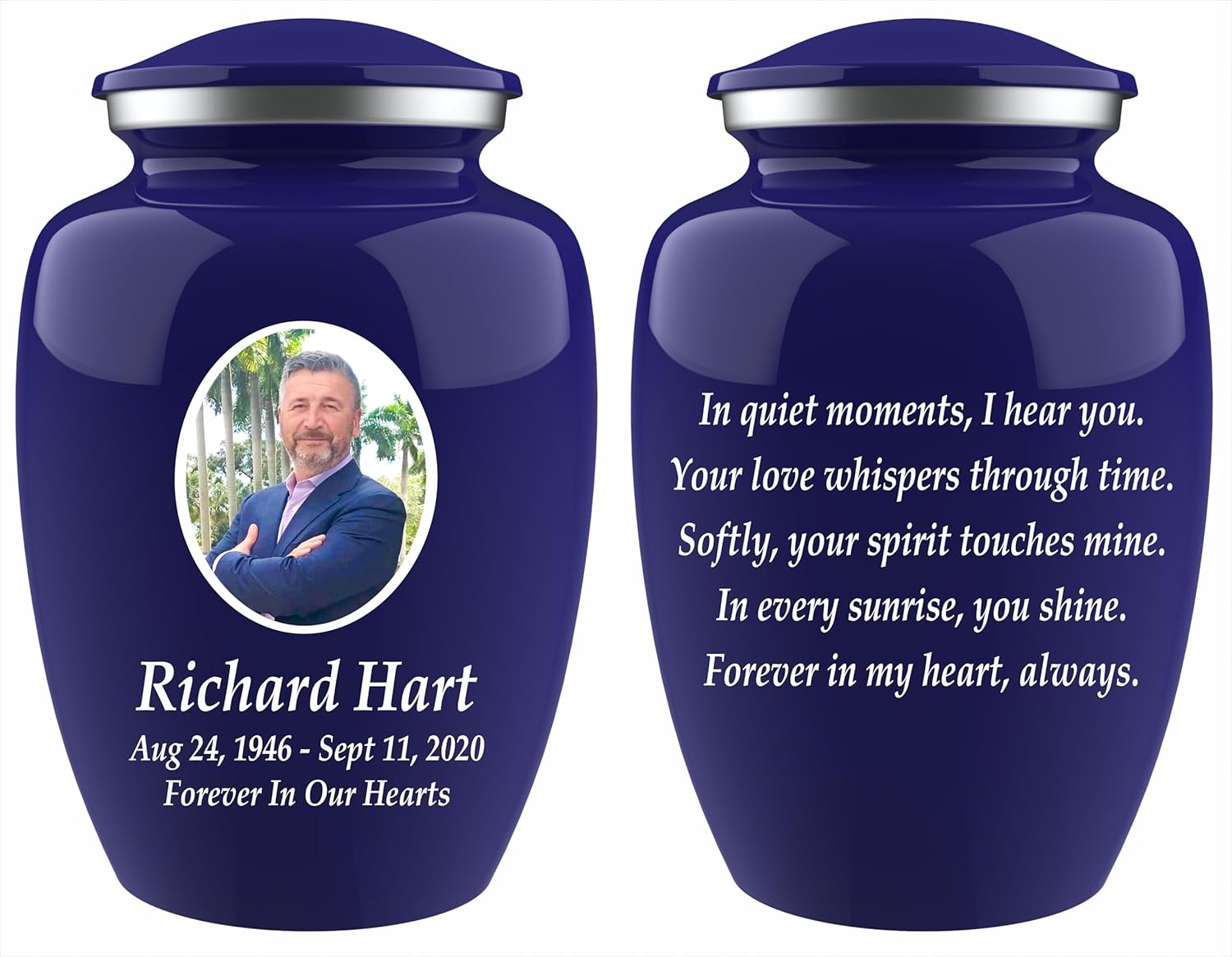 Personalized Photo Cremation Urn with Engraving and Velvet Bag Blue