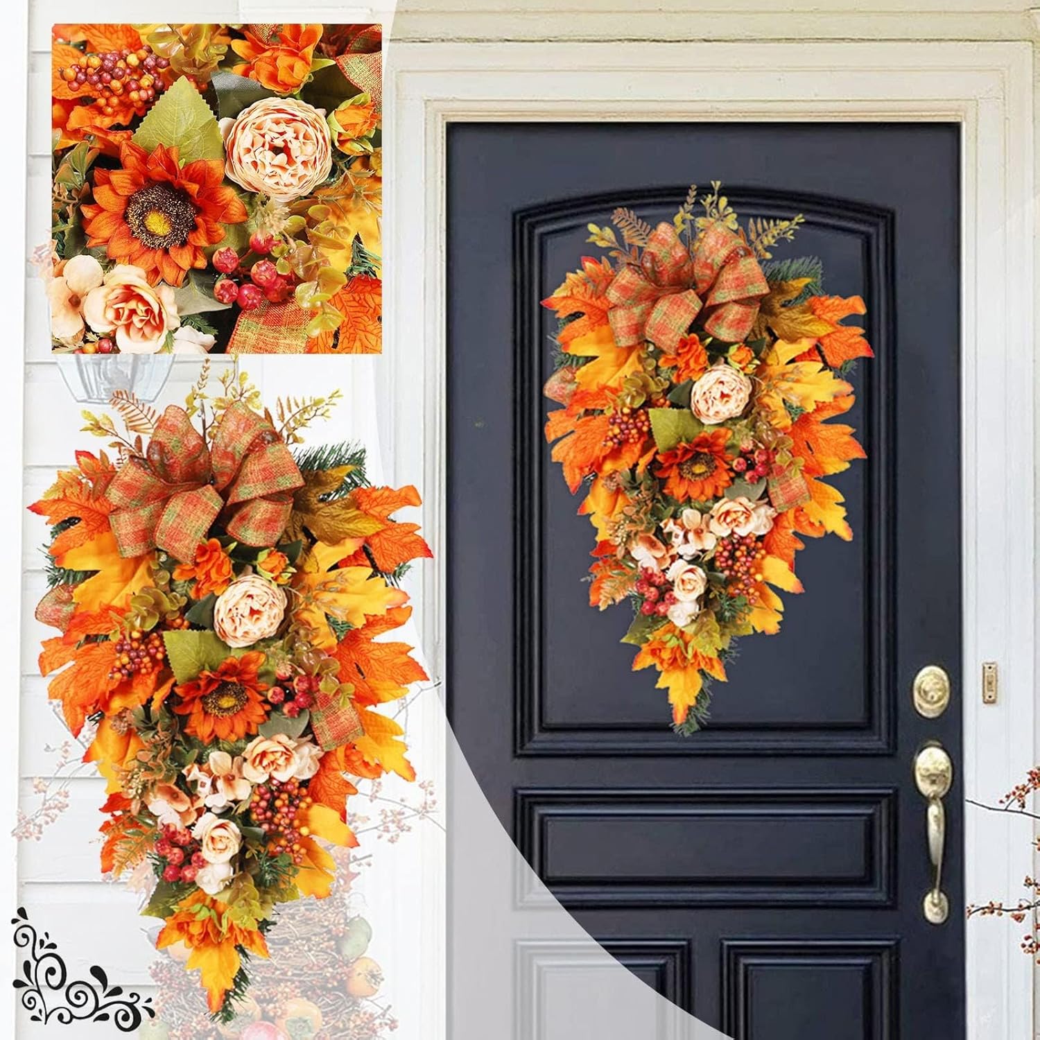 Artificial Fall Teardrop Swag Wreath for Front Door