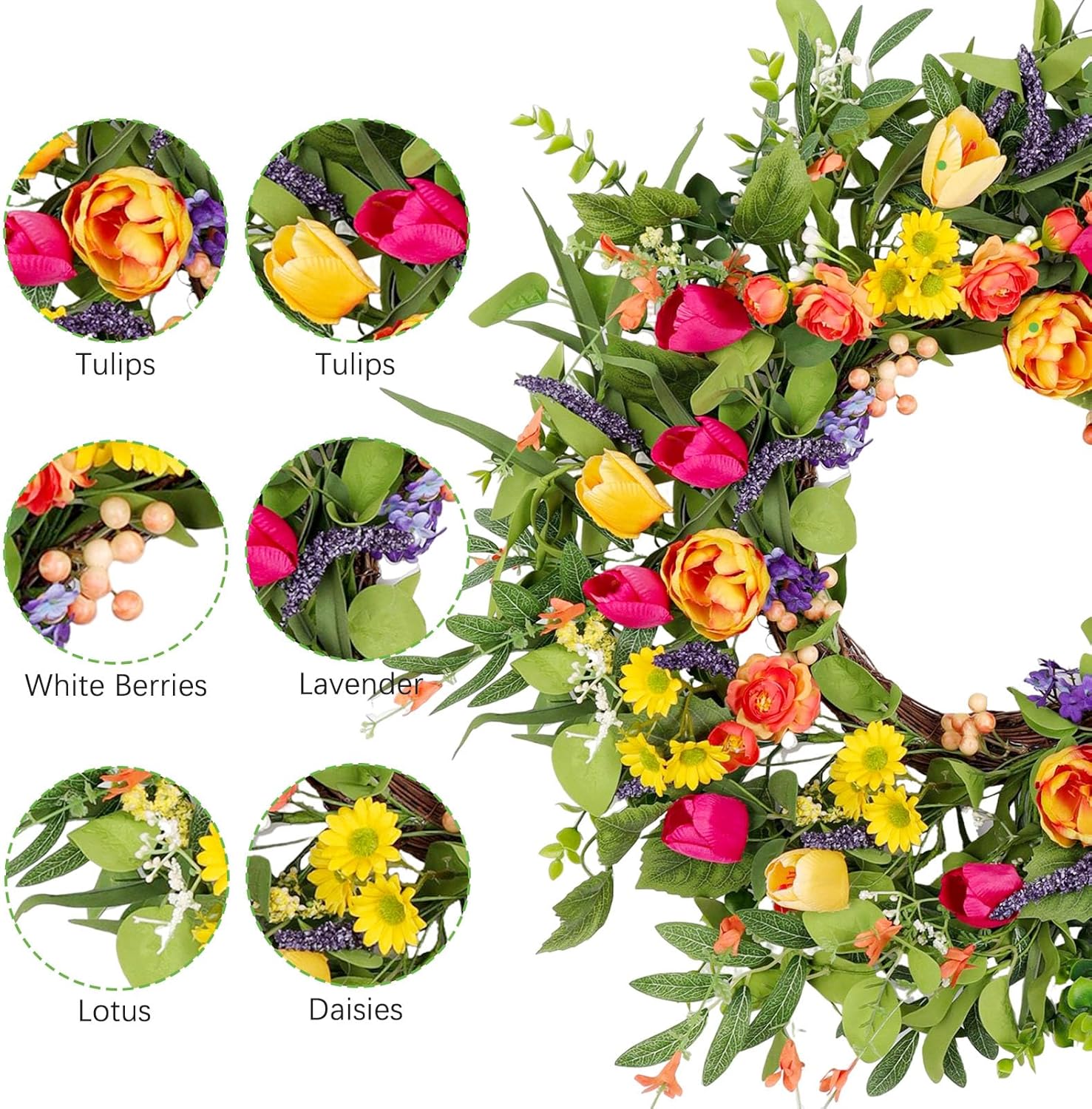 24 Inch Artificial Tulip Wreath for Front Door and Wall