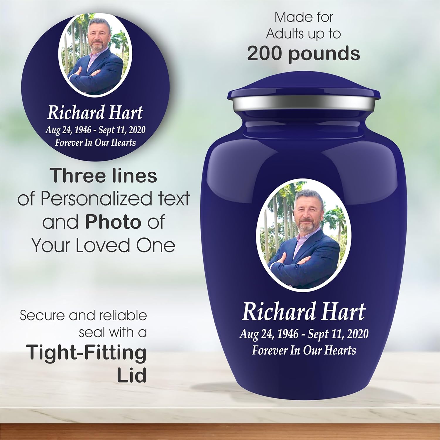 Personalized Photo Cremation Urn with Engraving and Velvet Bag Blue